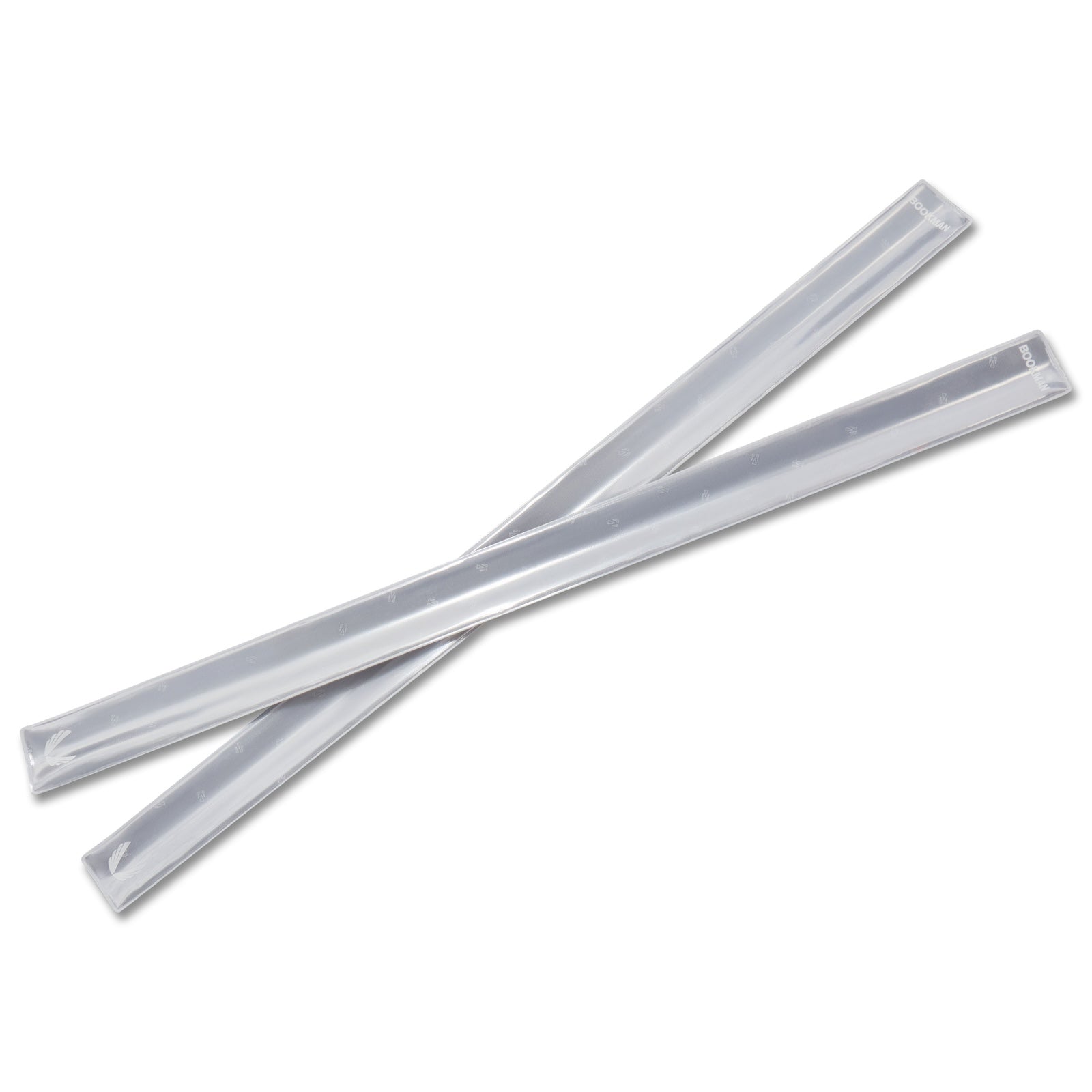of two clear reflective snap bands against white background