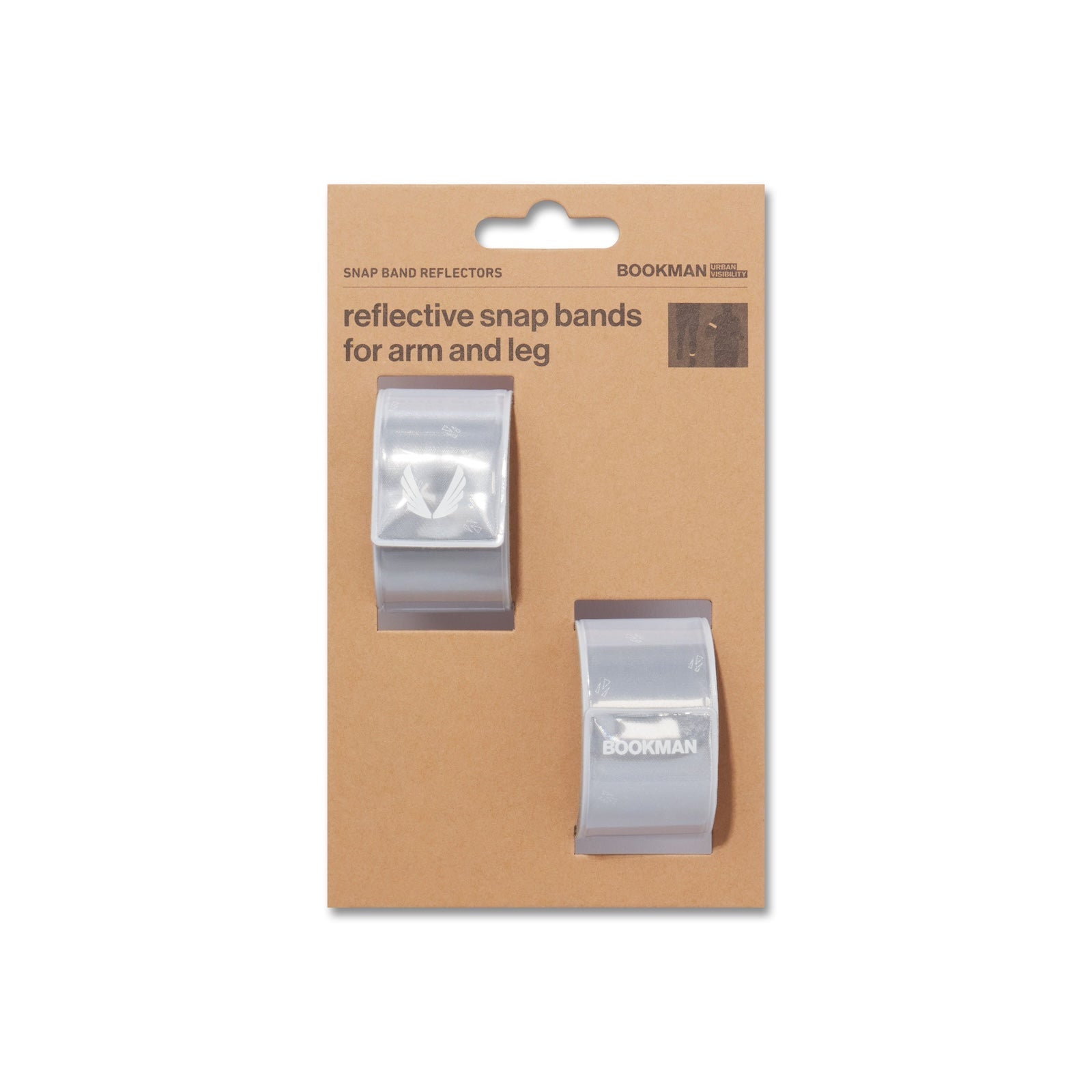 of two reflective snap bands for arm and leg in white, packaged on cardboard