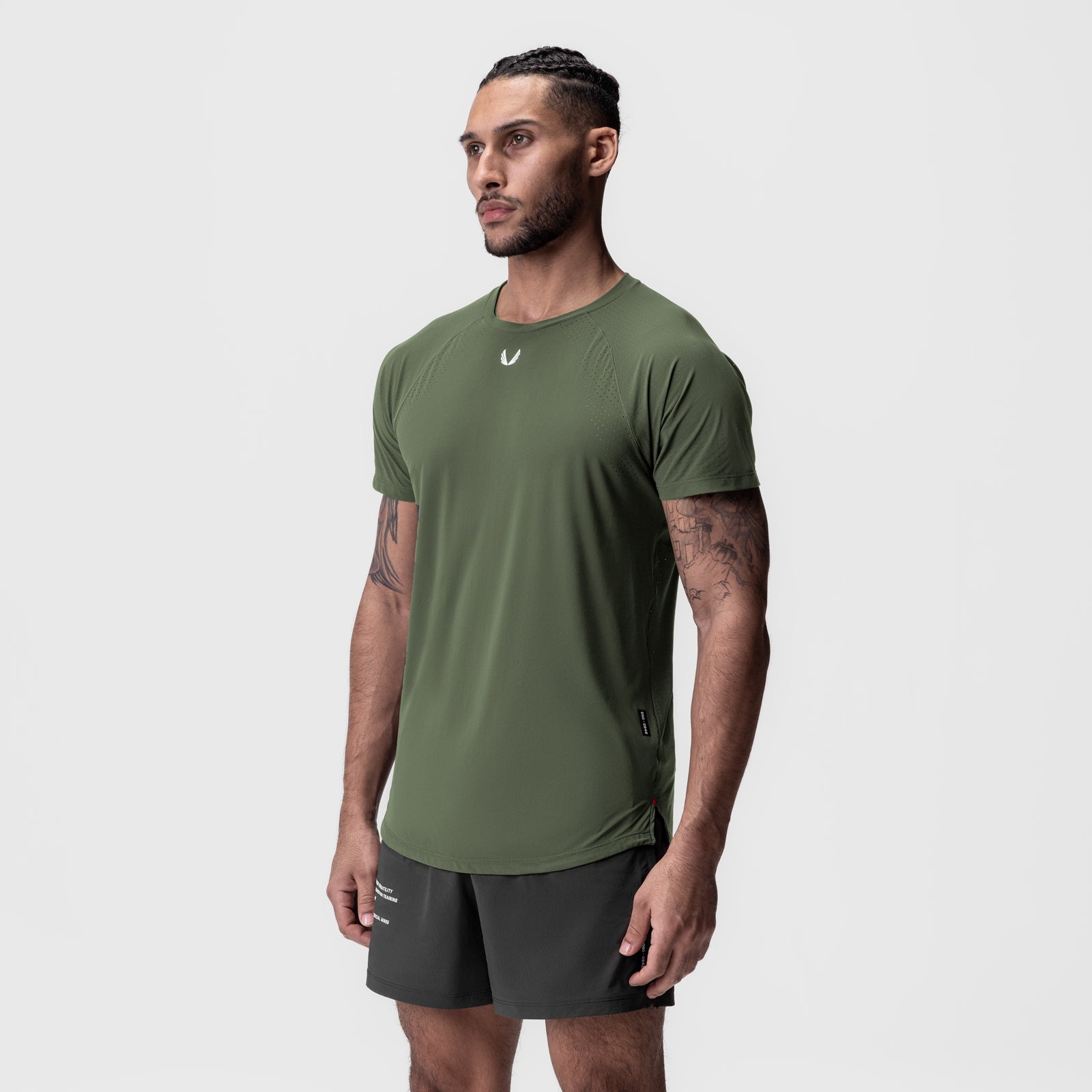 Laser-Vent Established Tee in olive green, worn by model, front side view