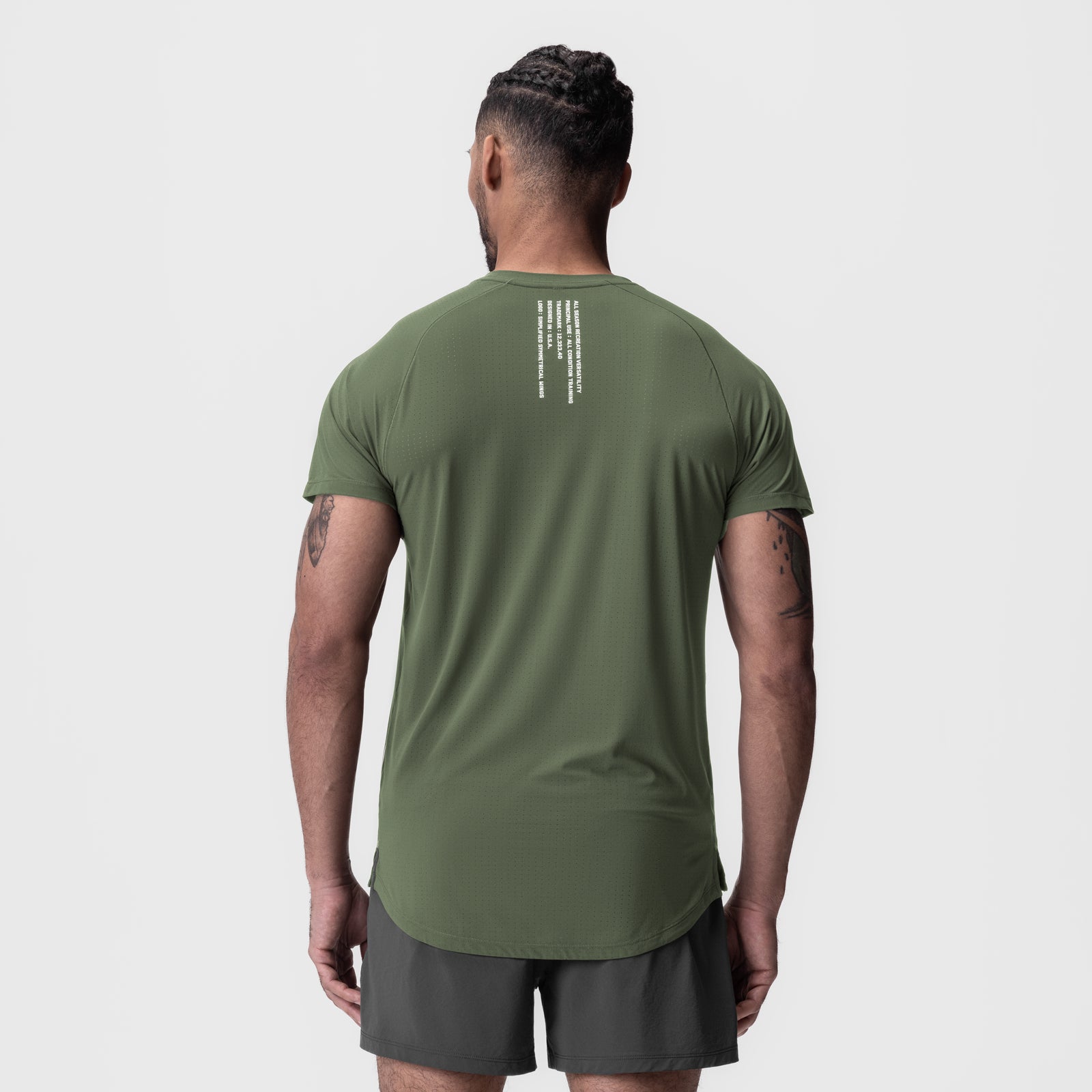 Laser-Vent Established Tee in olive worn by model, back view