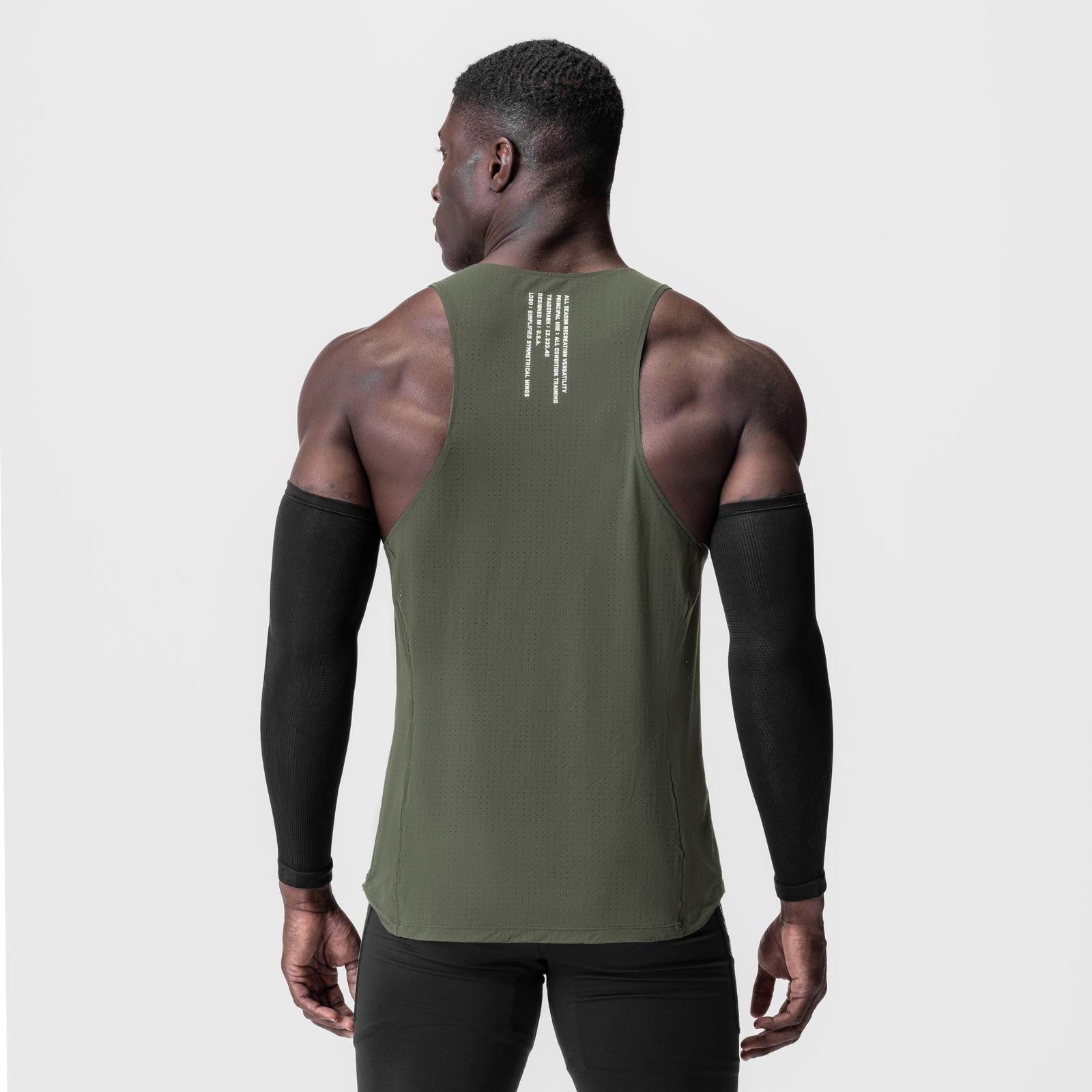 Laser-Vent™ Singlet Tank in olive, worn by model, back view
