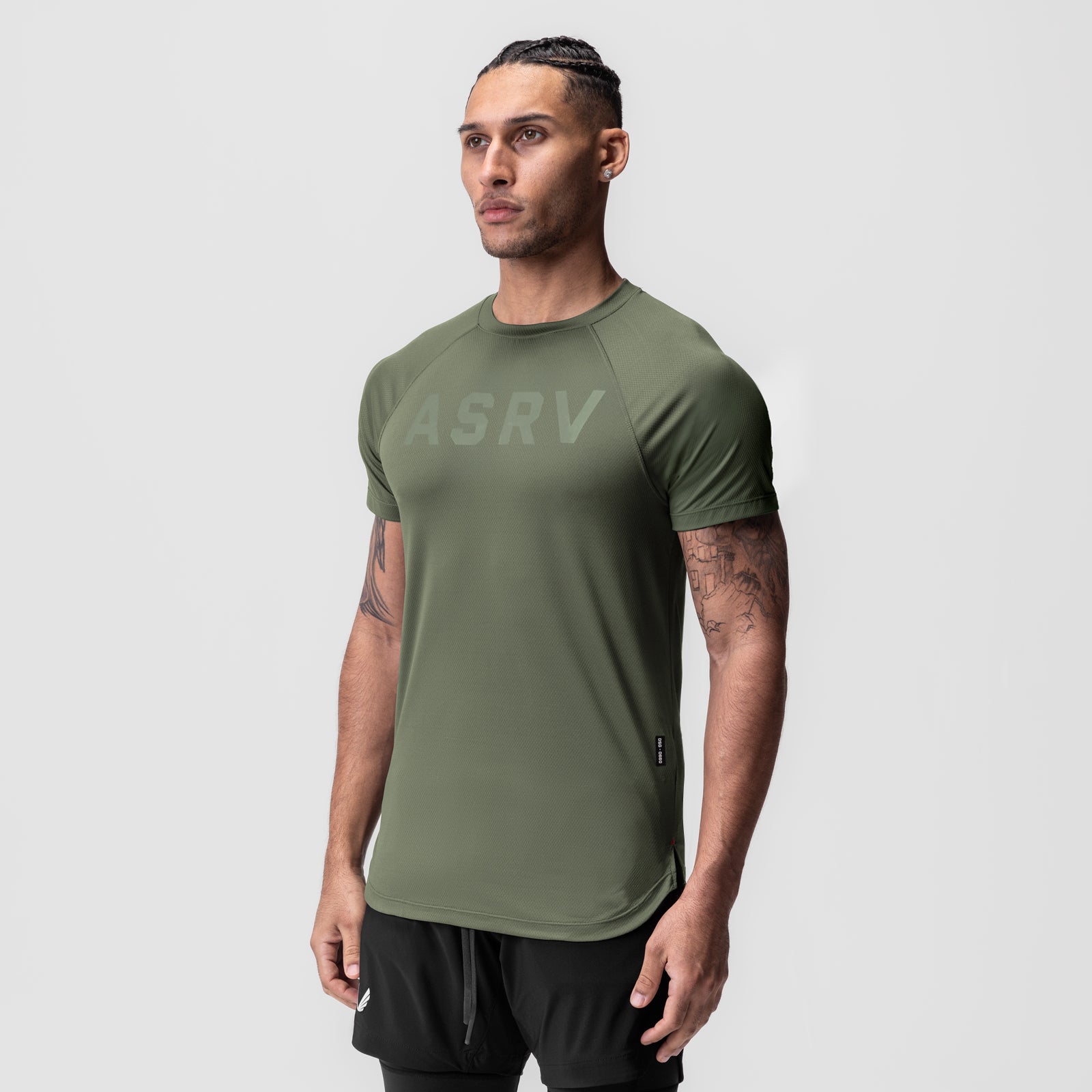 AeroSilver® Established Tee in olive green worn by male model, front view