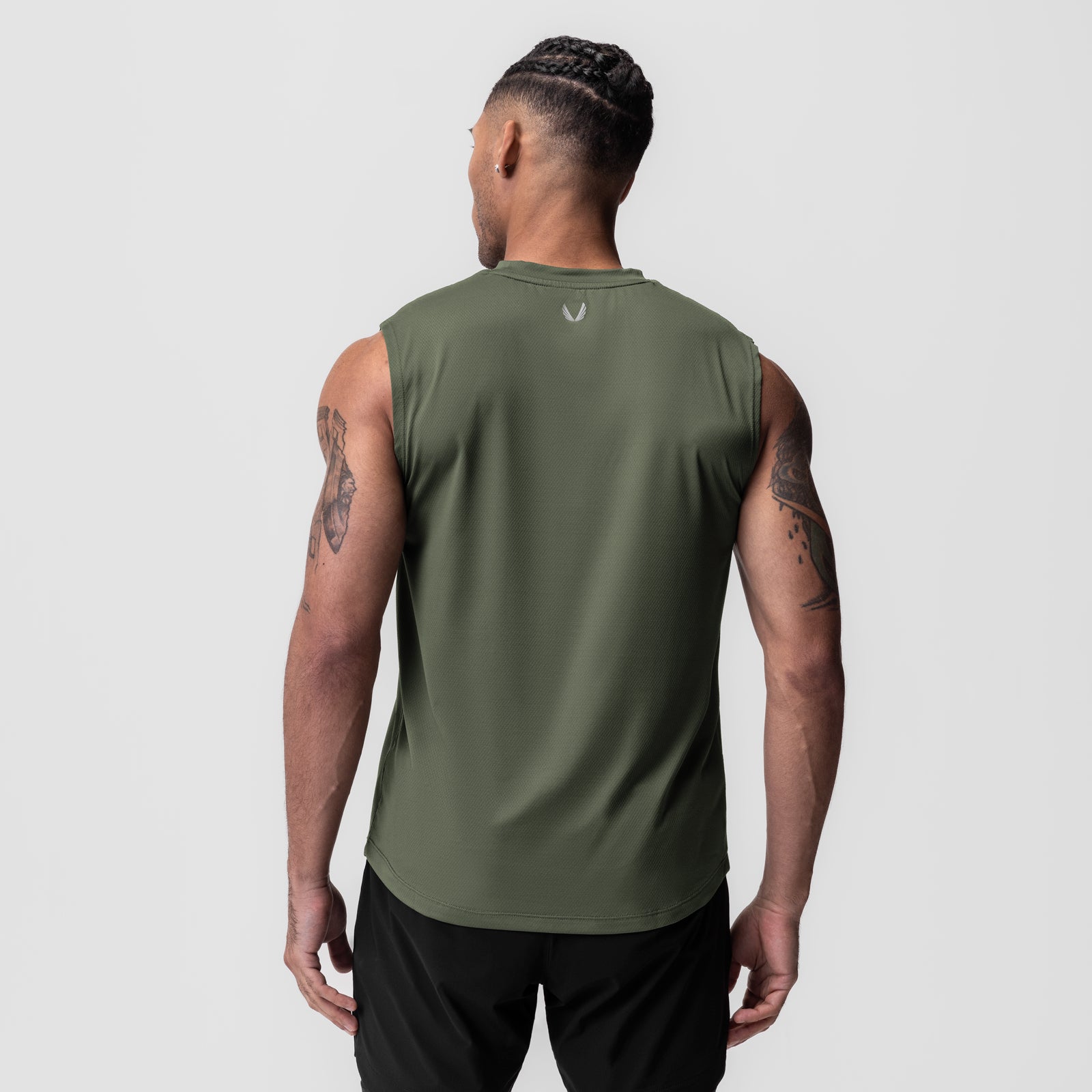 AeroSilver Cutoff Tank in olive, worn by male model, back view