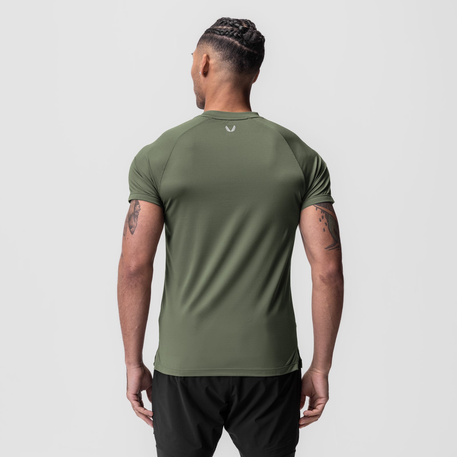 AeroSilver Fitted Tee in olive, back view on model