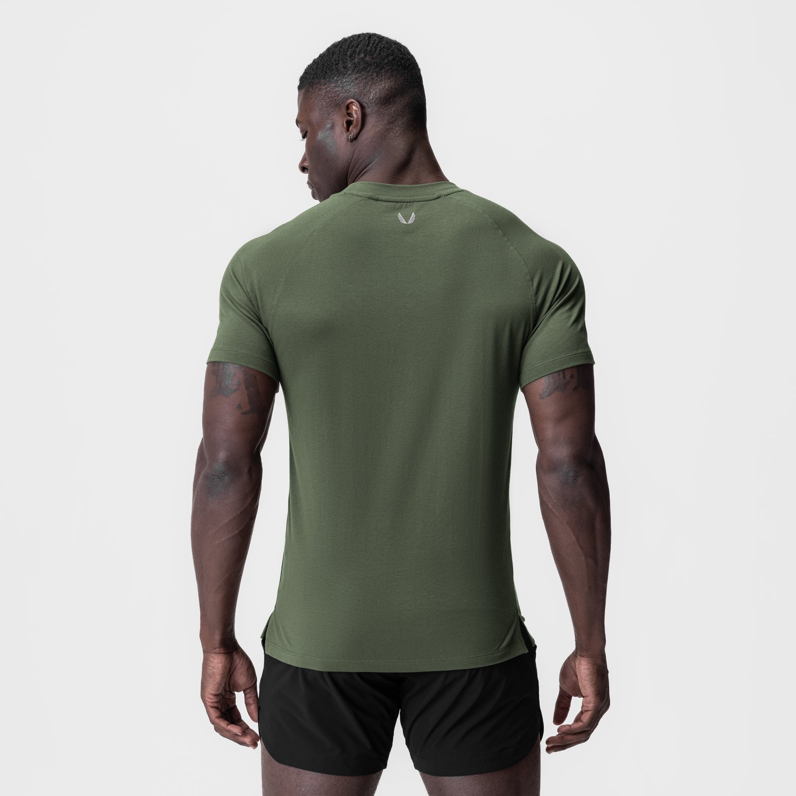 Supima® Fitted Tee in olive, worn by model shown from back