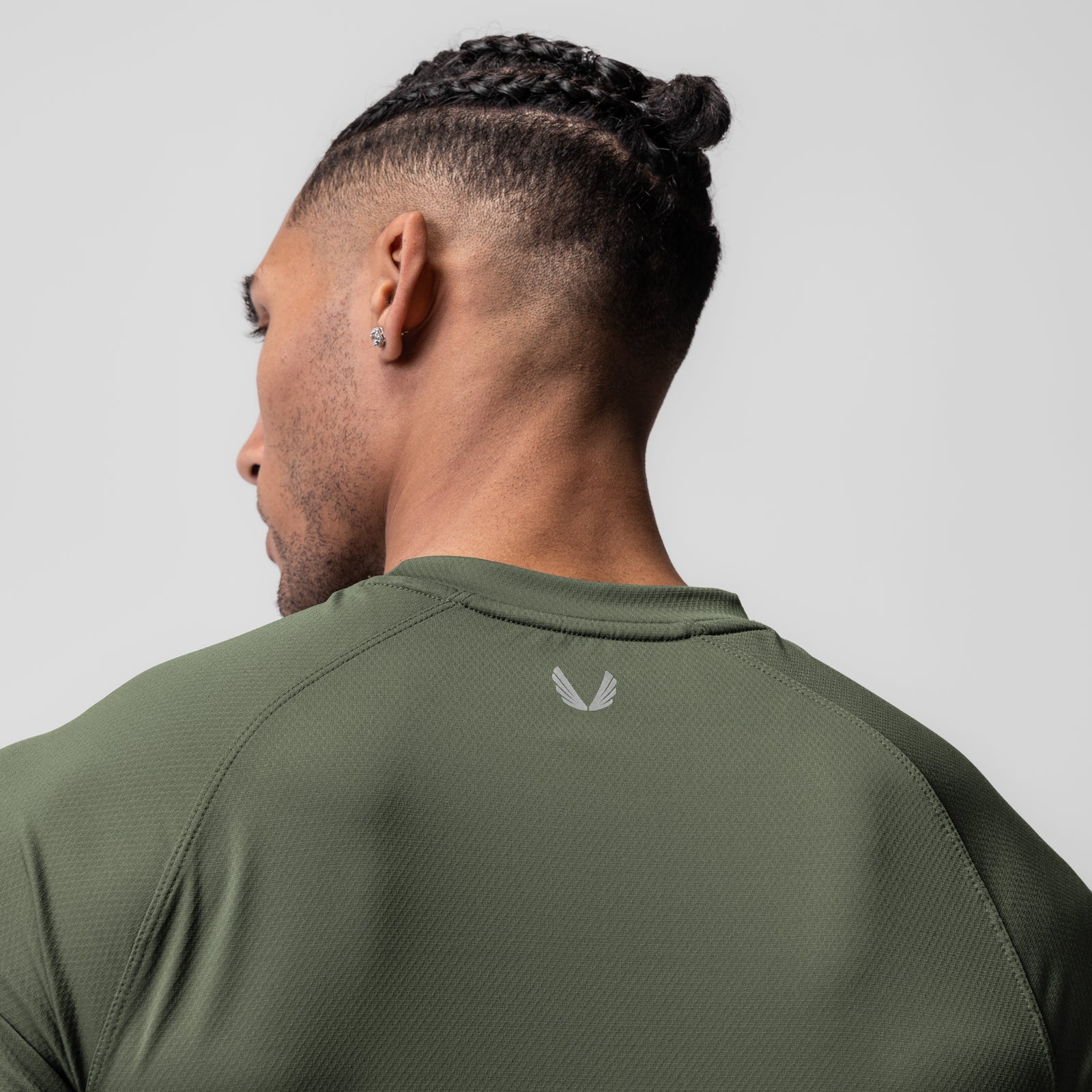 AeroSilver® Fitted Tee in olive, rear view on model
