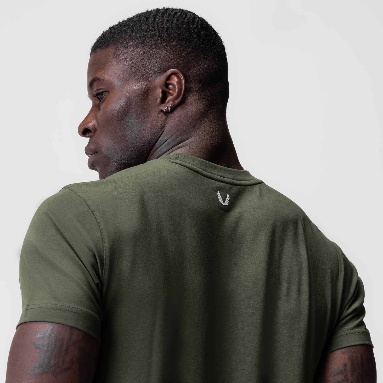 Supima® Essential Tee in olive worn by model, back view