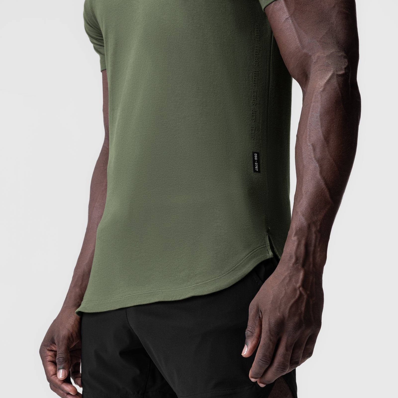 Supima® Established Tee in olive green, worn by model, side view