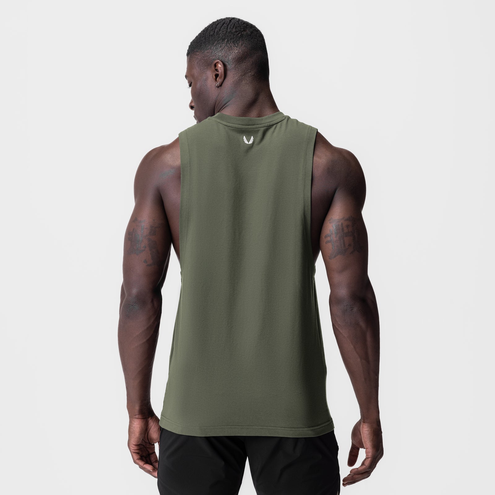 Supima® Muscle Tank in olive, back view on model