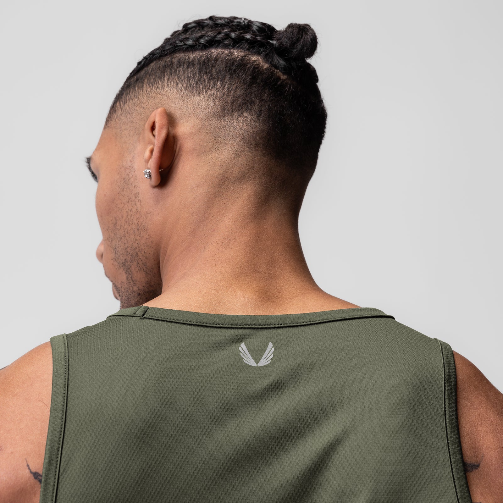 AeroSilver Tank Top in olive, back view on model