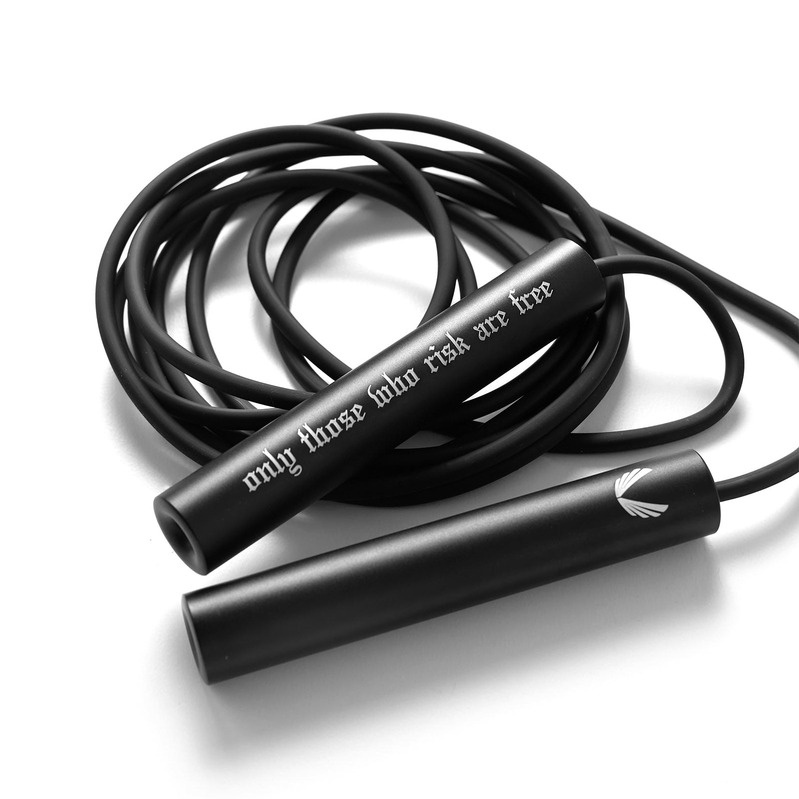 Mantra Jump Rope in black with coiled cable on white background