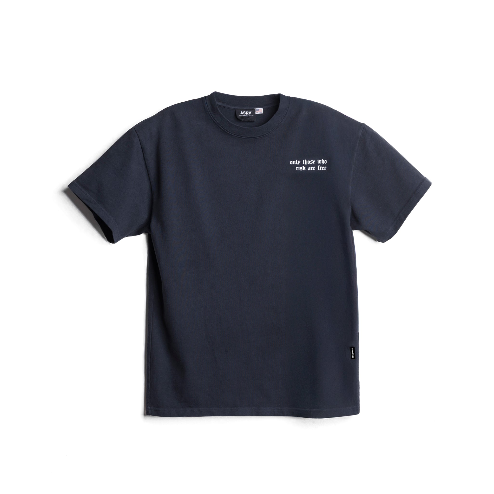 flatlay 0576. LE Cotton Tee in navy with 'only those who risk are free' text, front view
