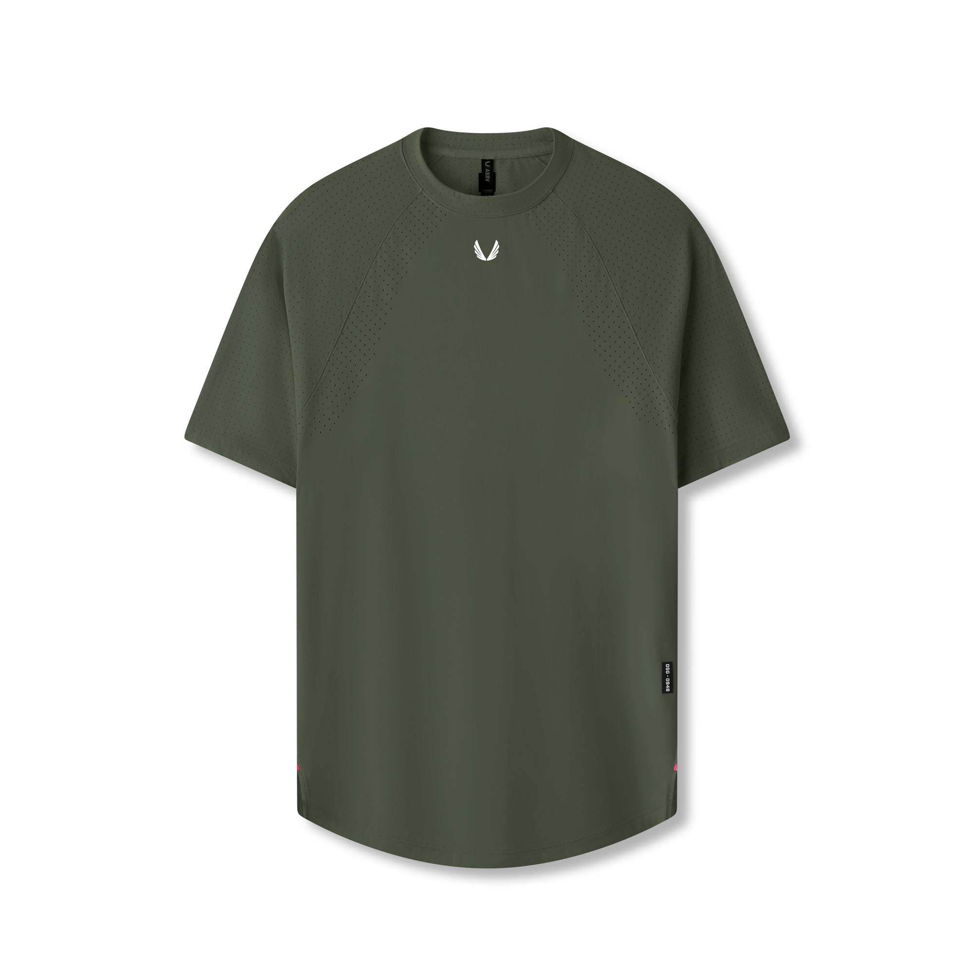 flatlay Laser-Vent Established Tee in olive green, front view on invisible model