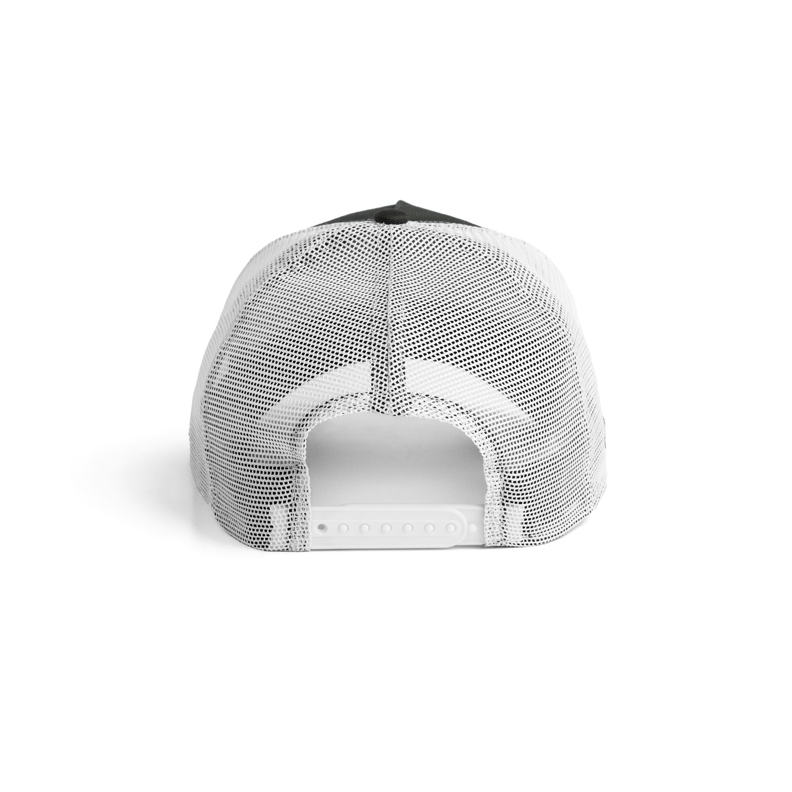 Flatlay of New Era 9Forty A-Frame Trucker Hat in black and white, back view
