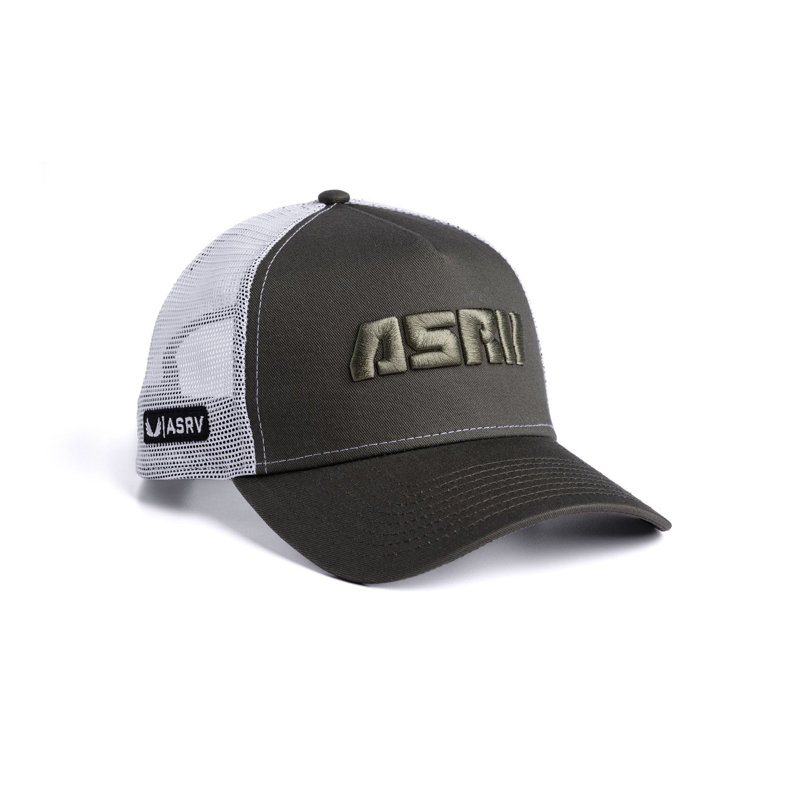 New Era 9Forty A-Frame Trucker Hat in faded olive and white, angled side view