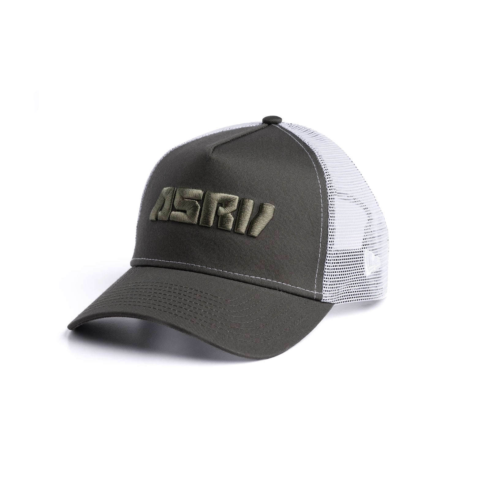 New Era 9Forty A-Frame Trucker Hat in faded olive and white, angled front view