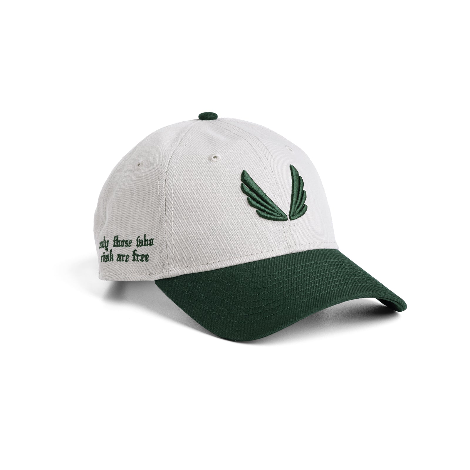 New Era 9Twenty strapback hat in stone and forest green, front and side view