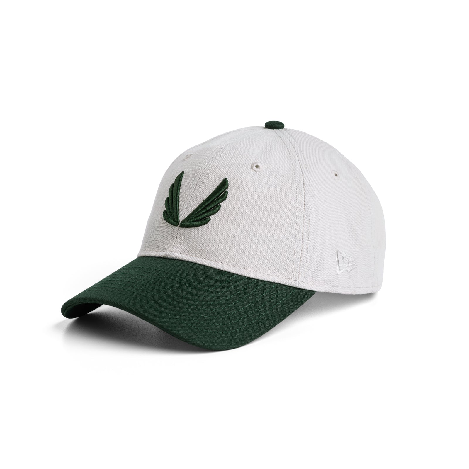 New Era 9Twenty strapback hat in stone and forest green, front view