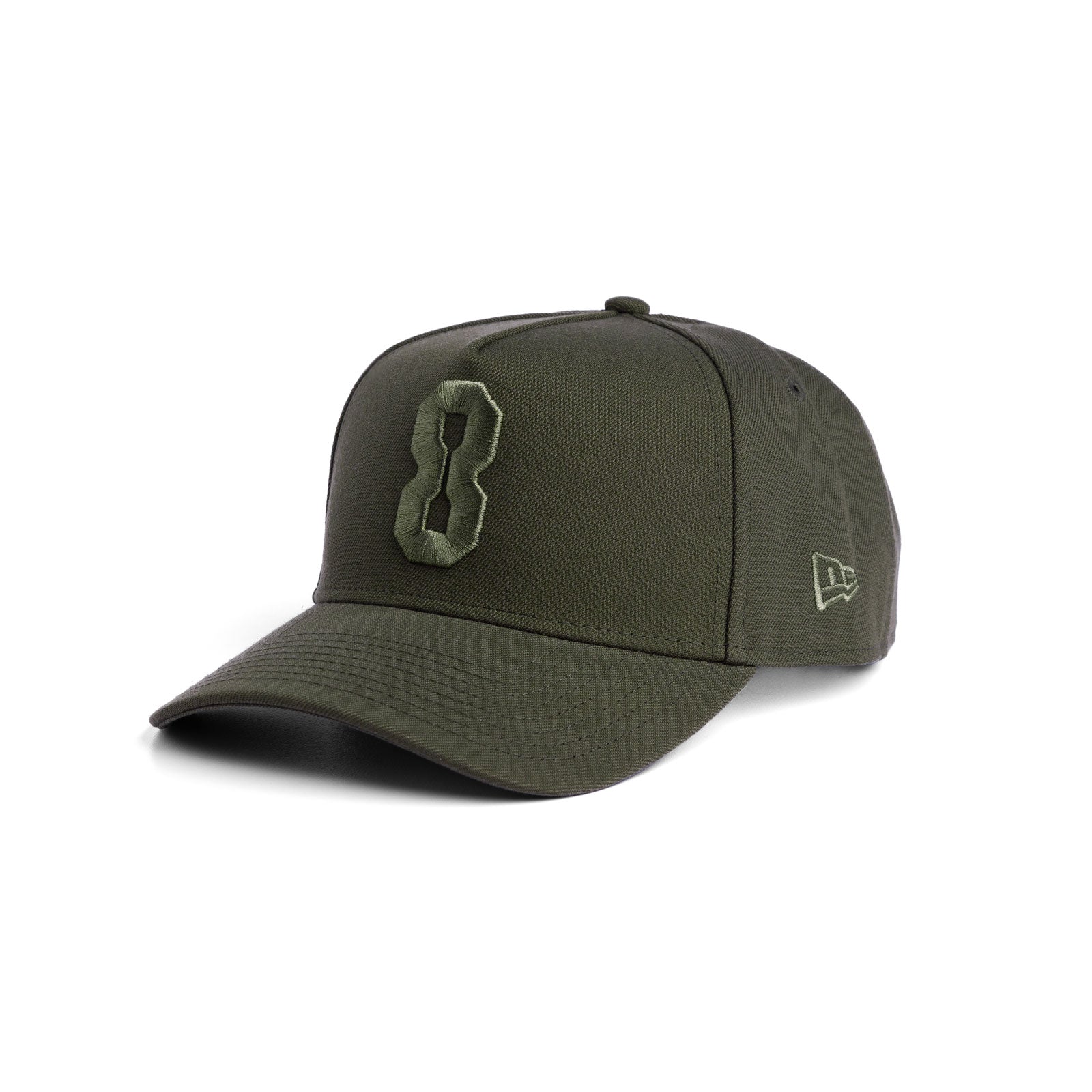 flatlay New Era 9Forty A-Frame Hat in faded olive with embroidered 8 logo, side view
