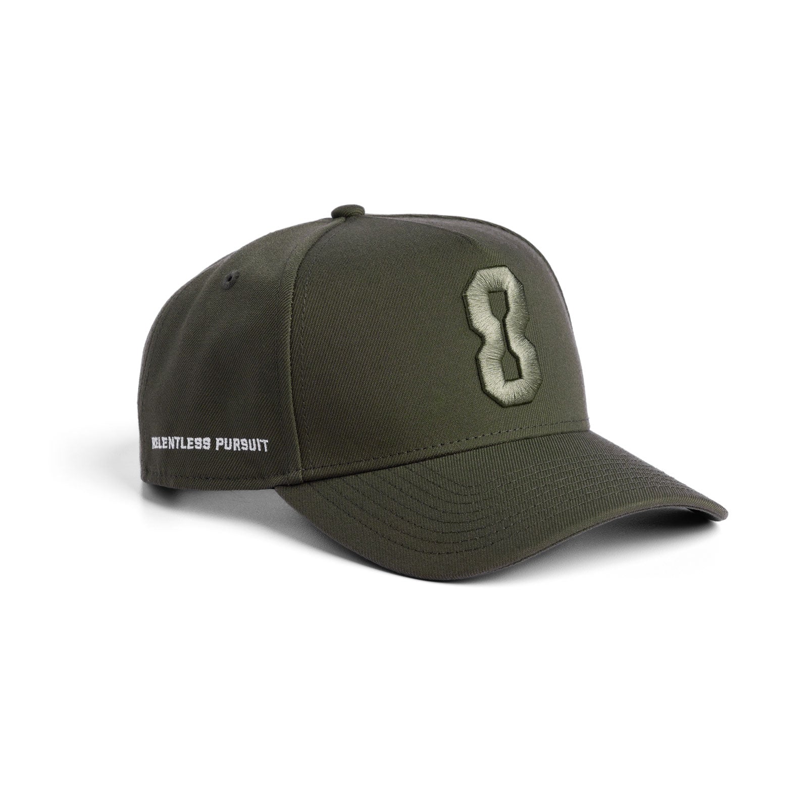 flatlay New Era 9Forty A-Frame Hat in faded olive with embroidered 8 logo, front view
