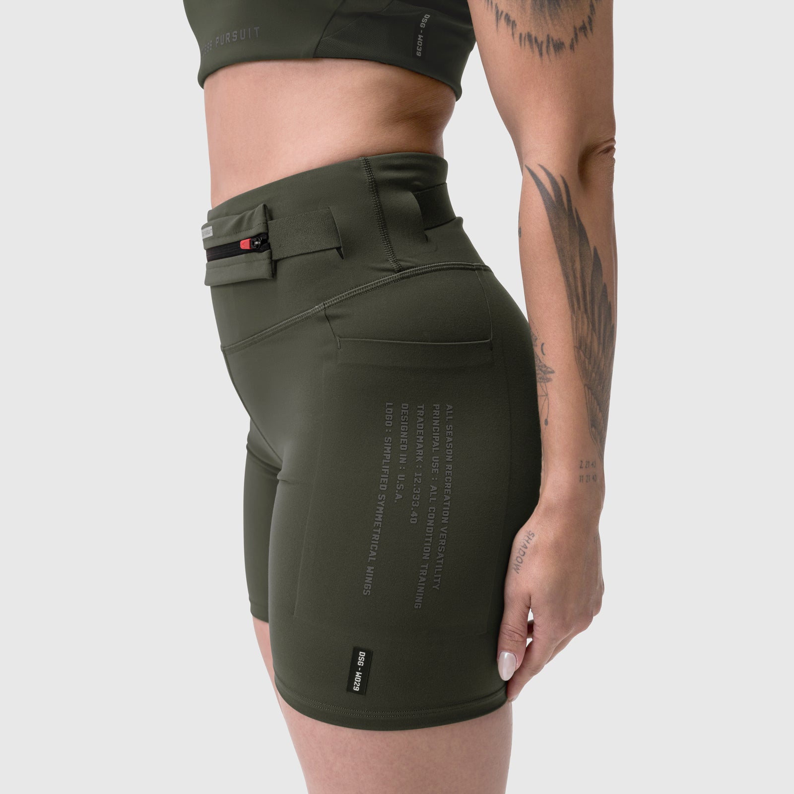 W029 Lycra 3-in-1 Biker Short in olive, worn by model, side view