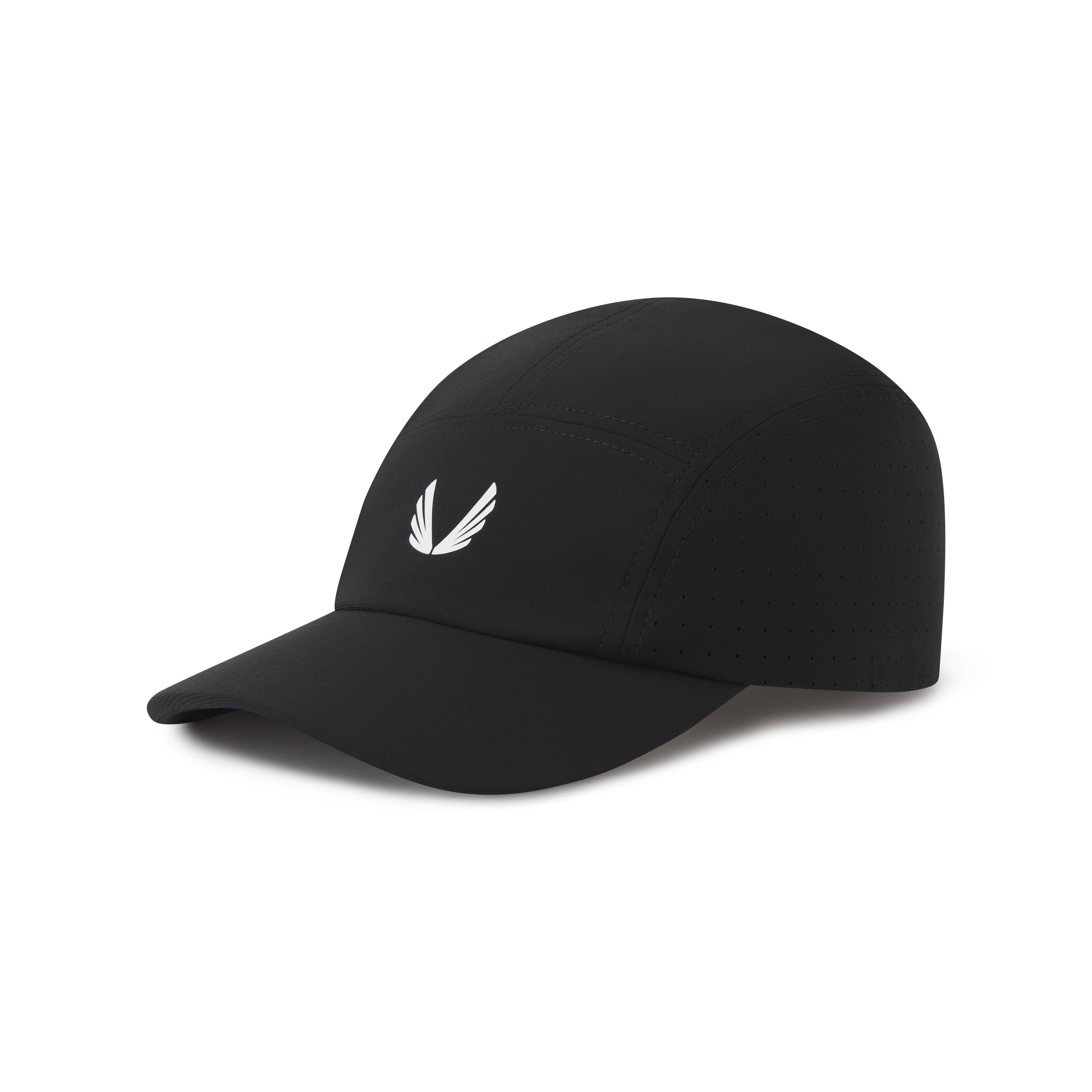 Flatlay of black Tetra-Lite Vented Hat with white wings logo, angled view