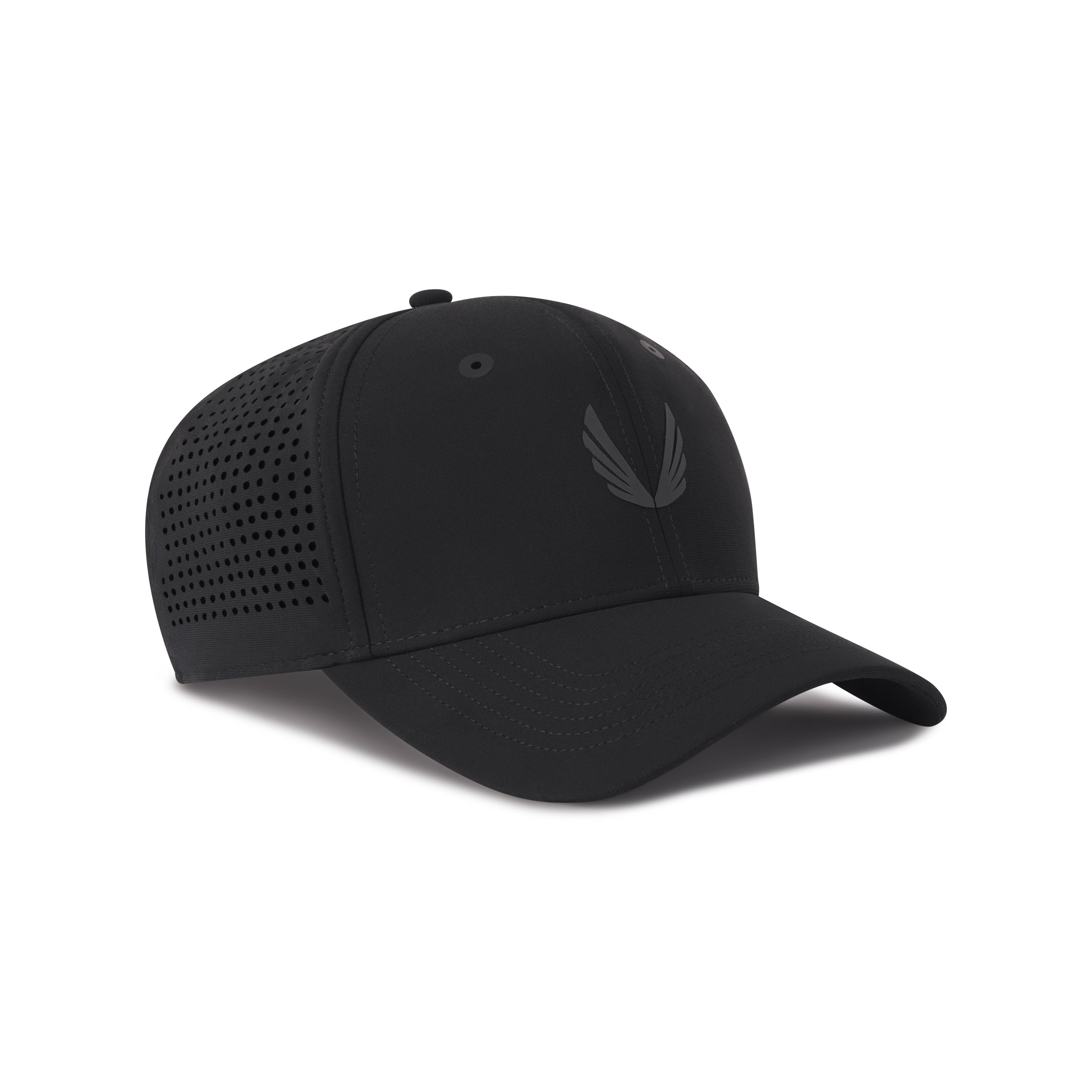 Tetra-Lite Sport Cap in black with perforated side panels and wing logo, front angle view