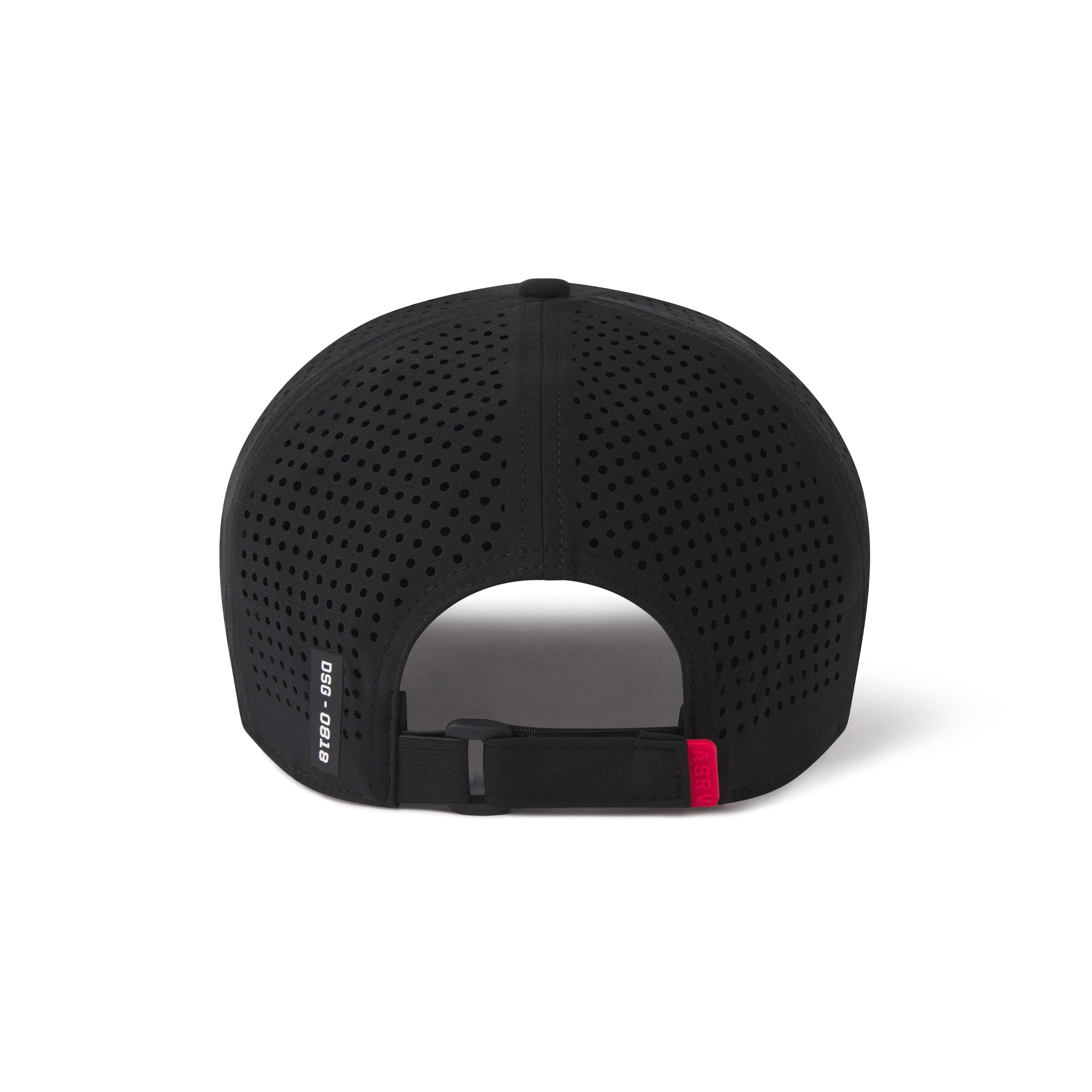 flatlay ASRV Tetra-Lite Sport Cap in black with perforated mesh, back view