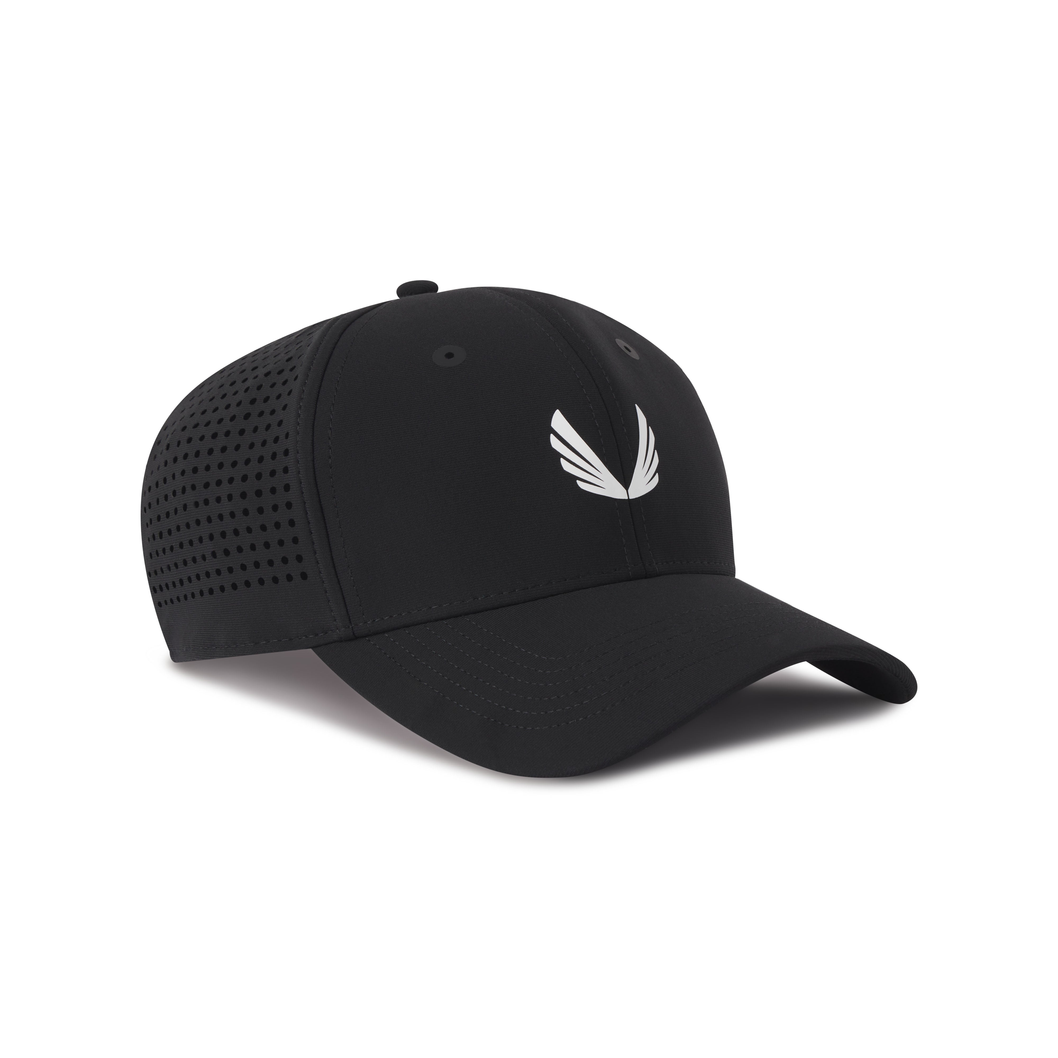 flatlay Tetra-Lite Sport Cap in black with white wings logo, angled view