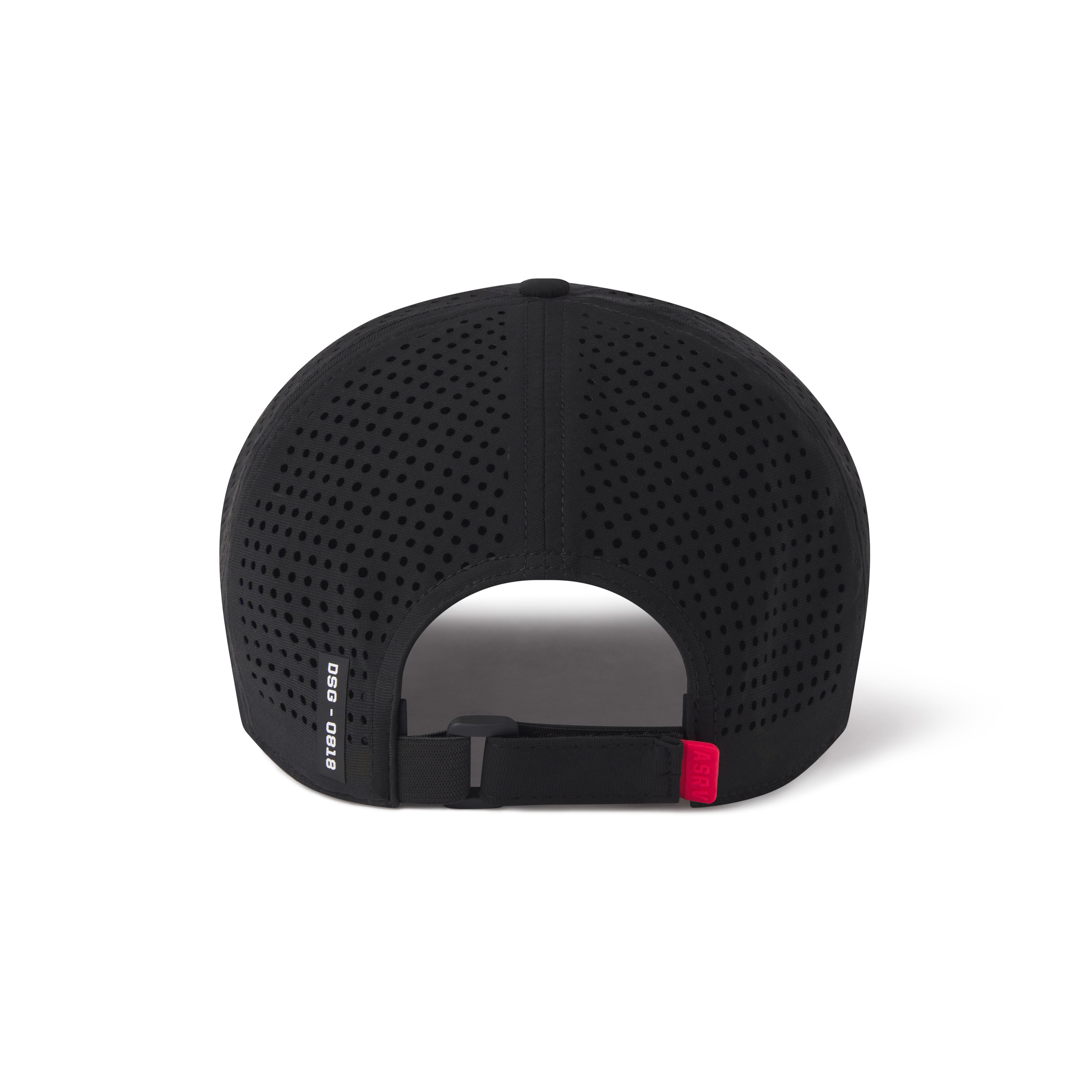 flatlay 0818 Tetra-Lite Sport Cap in black with perforated mesh, back view