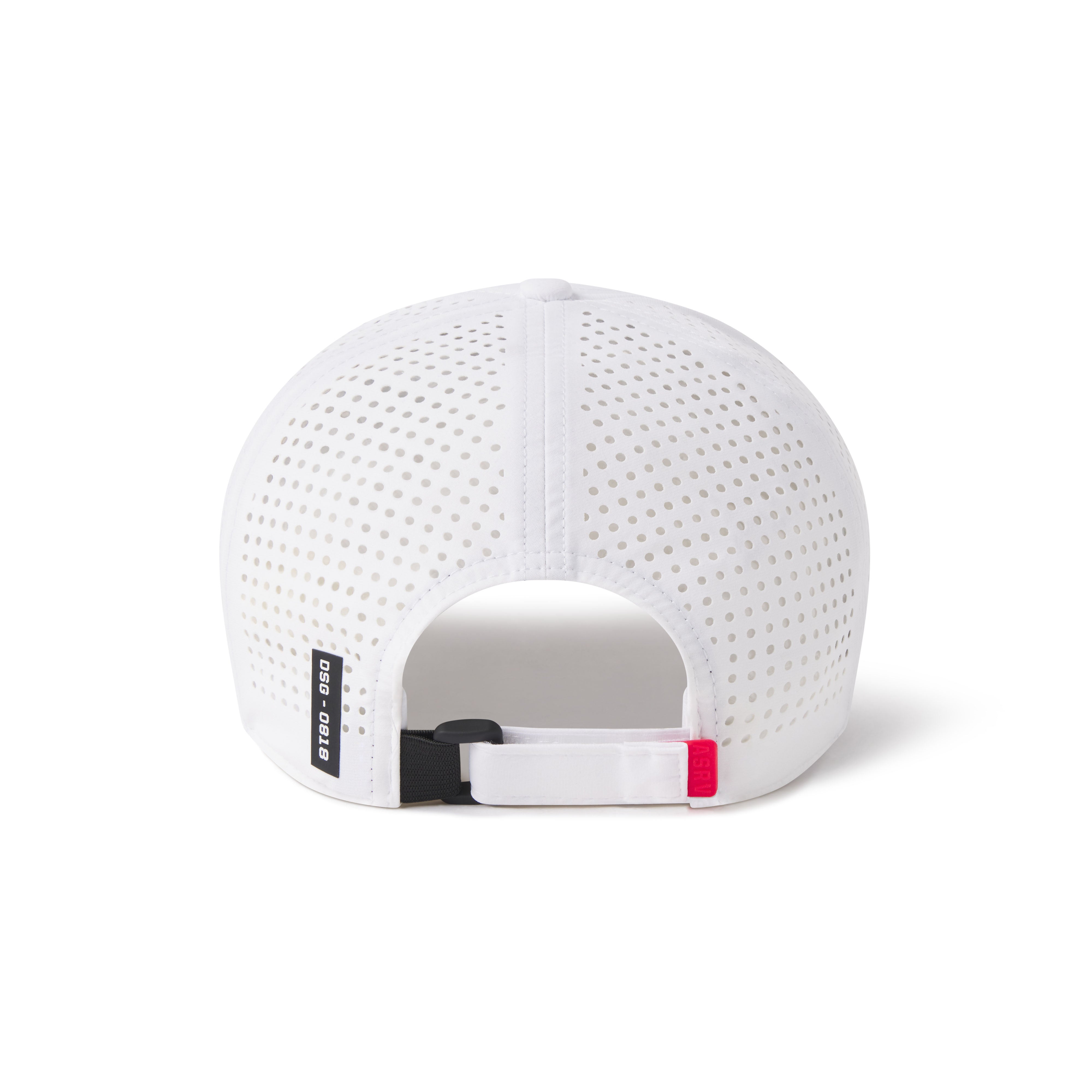 flatlay Tetra-Lite Sport Cap in white with perforated mesh design, back view