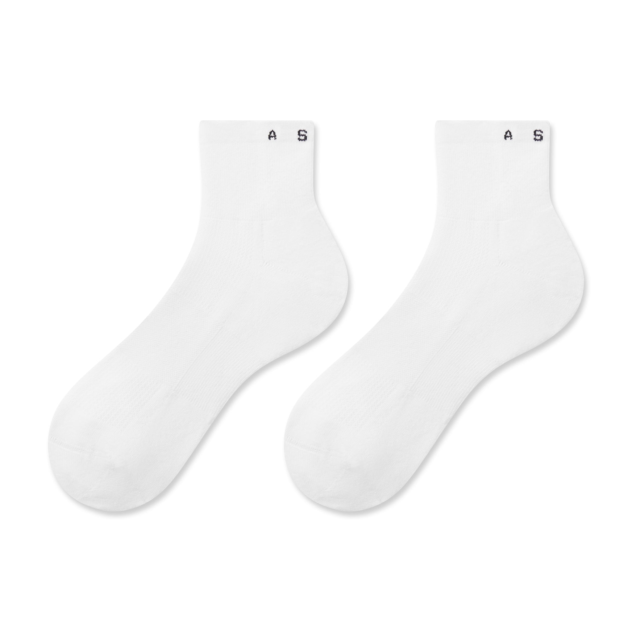 flatlay of white performance ankle socks pair, front view