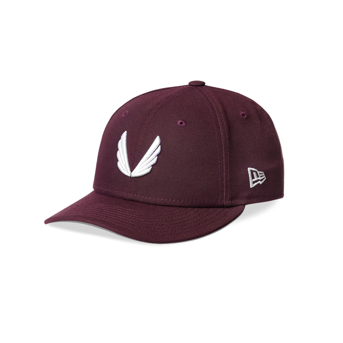 flatlay New Era 59Fifty Low Profile Hat in maroon with white wings logo, front view