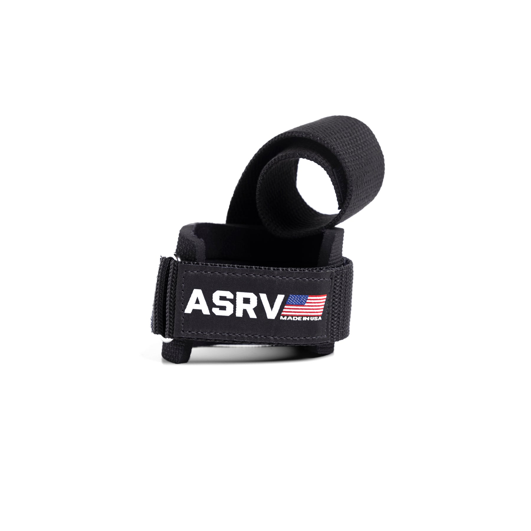 flatlay Power Lifting Straps in black, front view showing ASRV branding and made in USA flag
