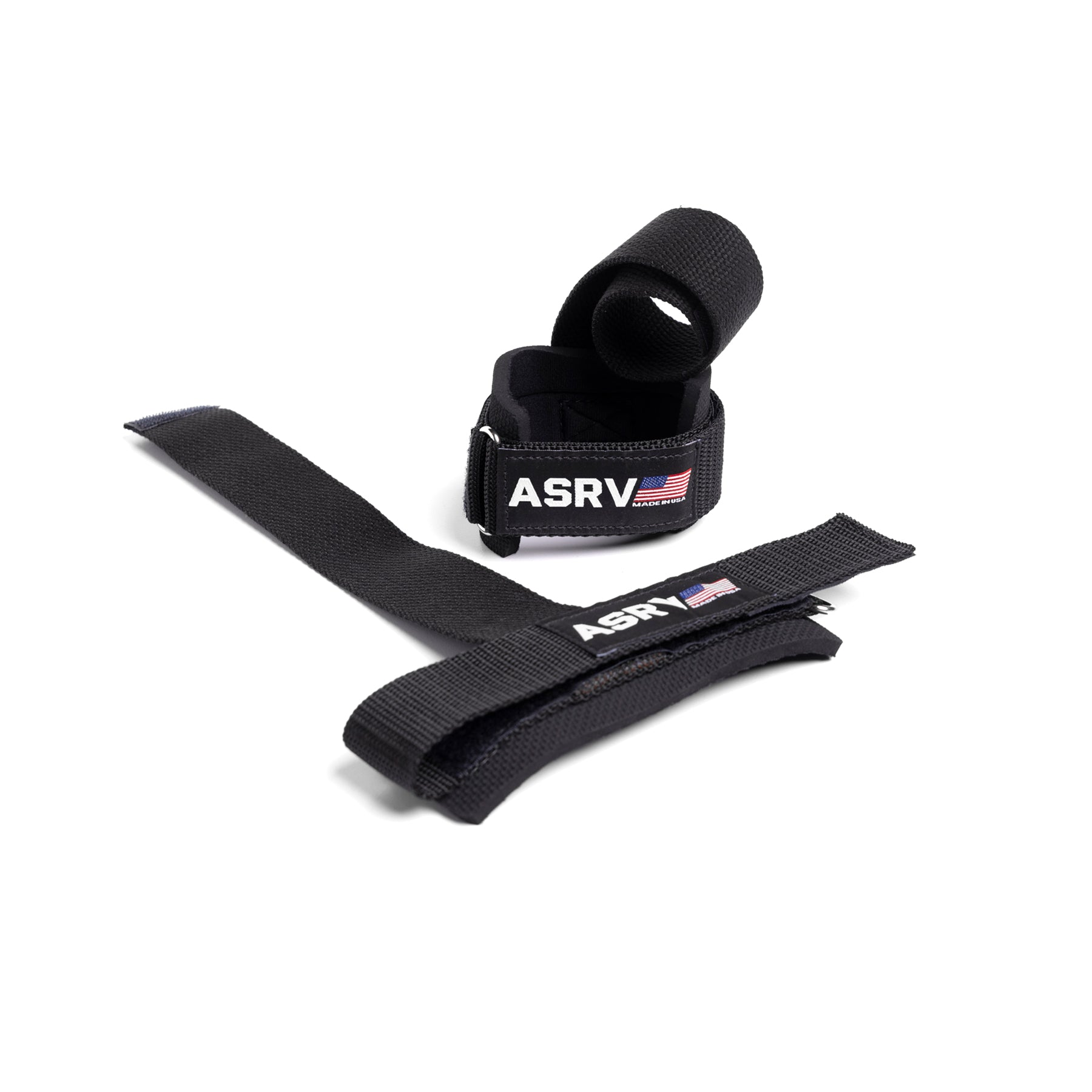 flatlay of ASRV Power Lifting Straps in black, overhead view showing wrist strap and two fabric straps
