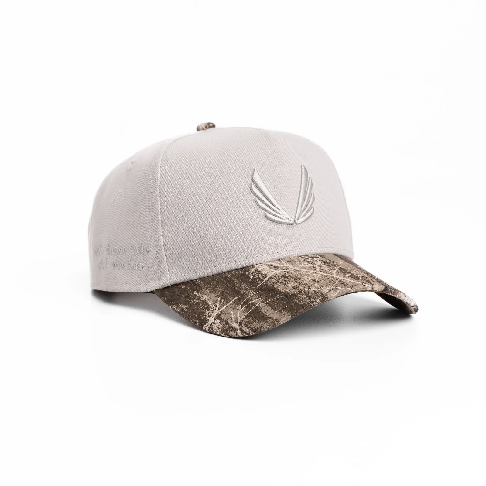 flatlay New Era 9Forty A-Frame Hat in stone and realtree camo, angled front view