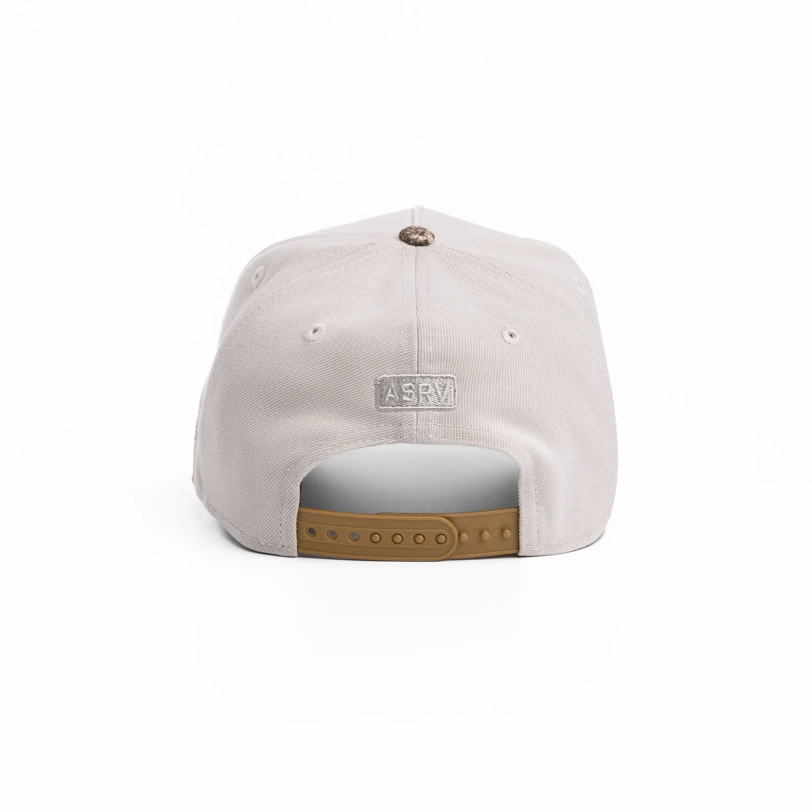 flatlay New Era 9Forty A-Frame Hat in stone with tan suede snapback, back view