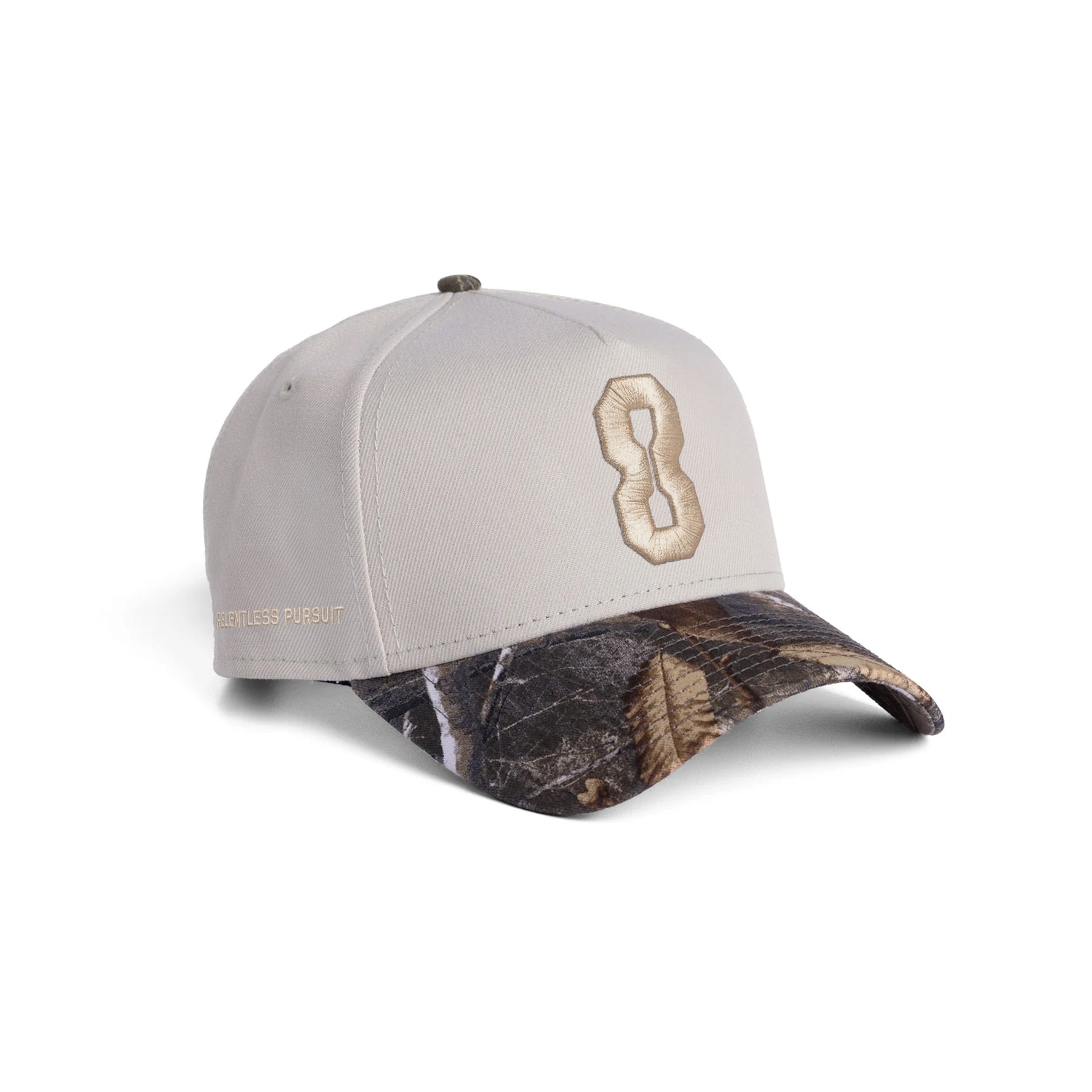 flatlay New Era 9Forty A-Frame Hat in stone and Realtree camo with embroidered 8 logo, front view
