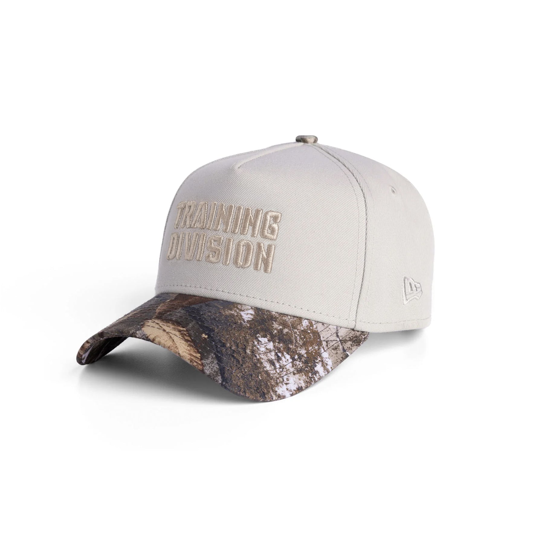 flatlay New Era 9Forty A-Frame Hat in stone and realtree camo, angled view