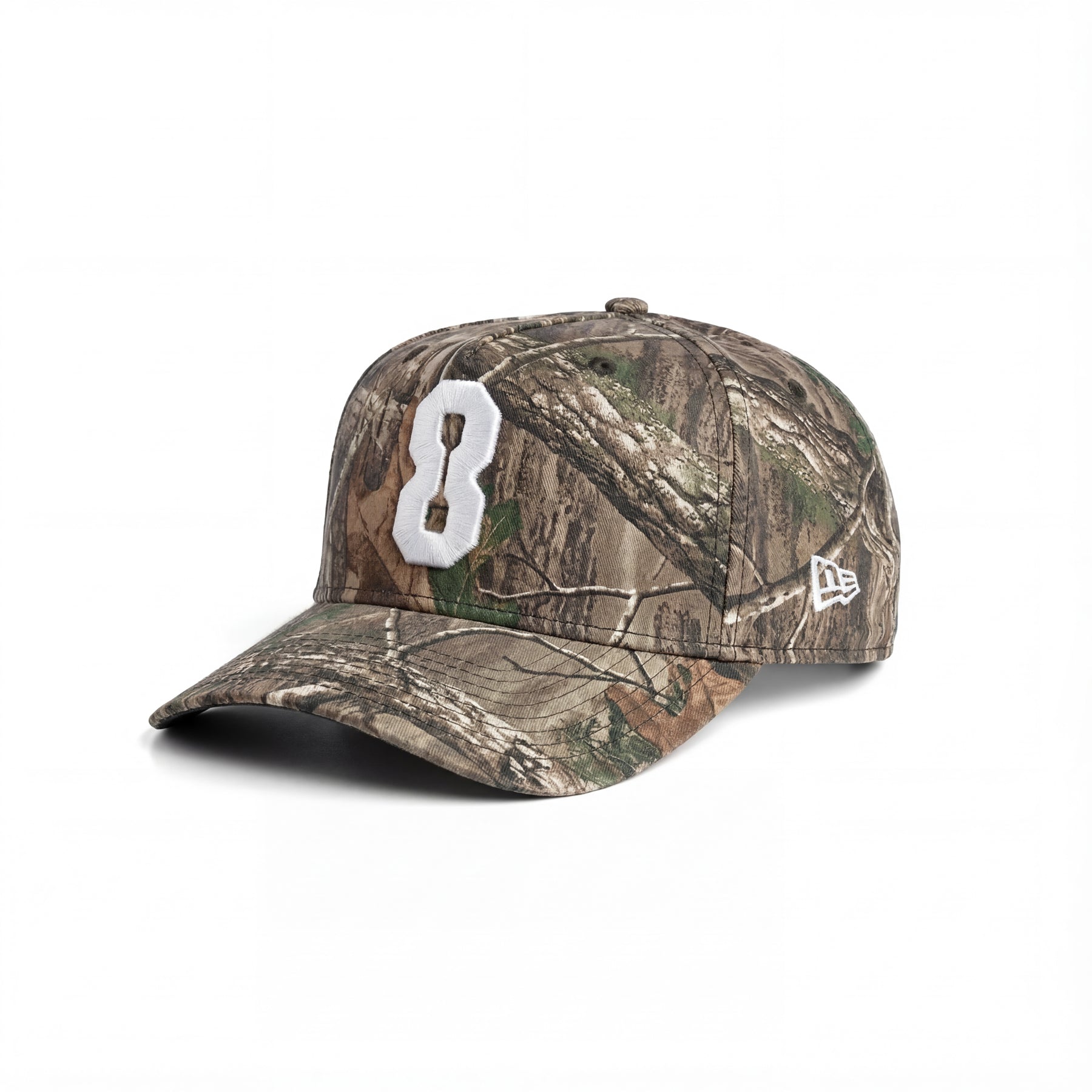 flatlay New Era 9Forty A-Frame Hat in Realtree Camo with white 8 logo, side view