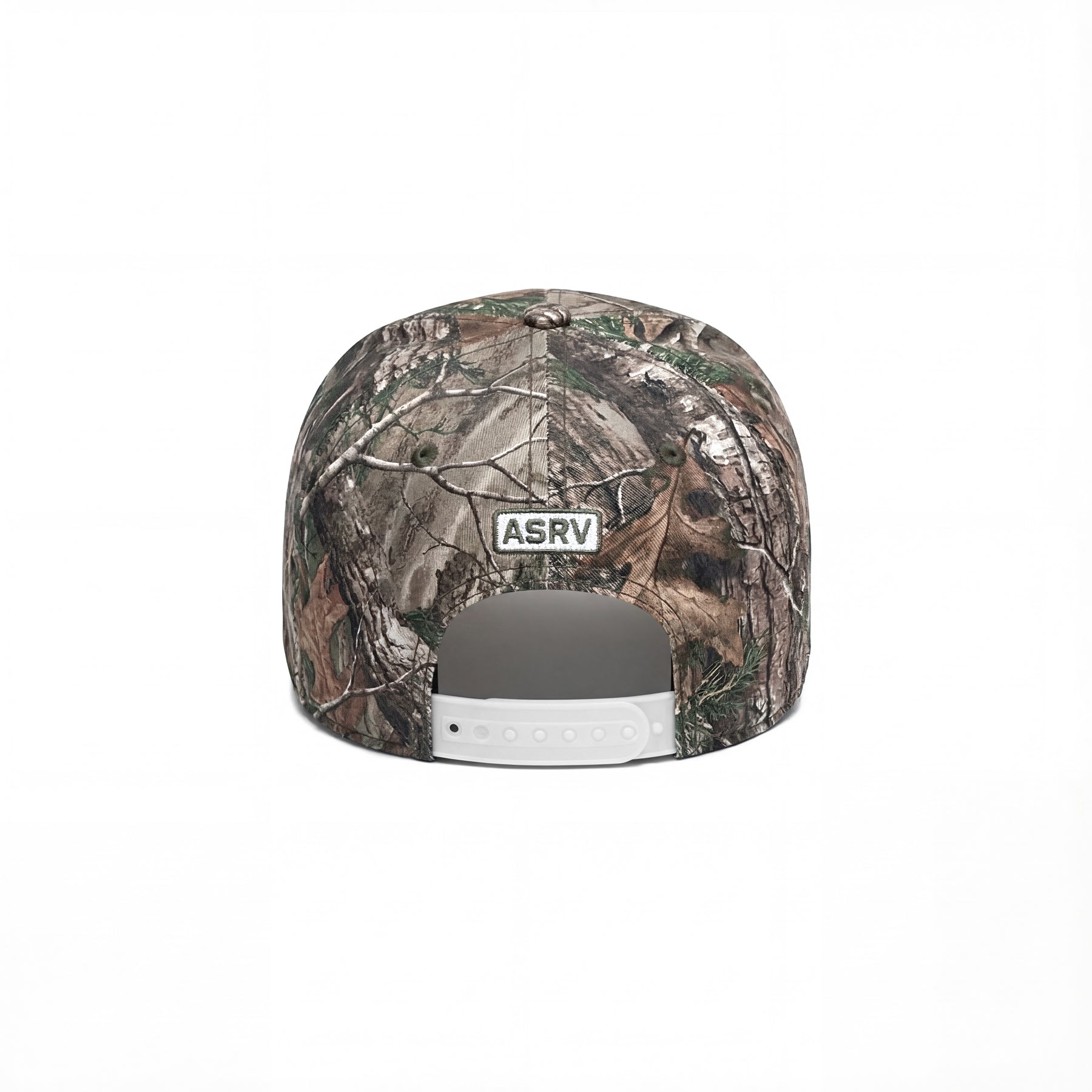 New Era 9Forty A-Frame Hat in Realtree Camo with white snapback, back view