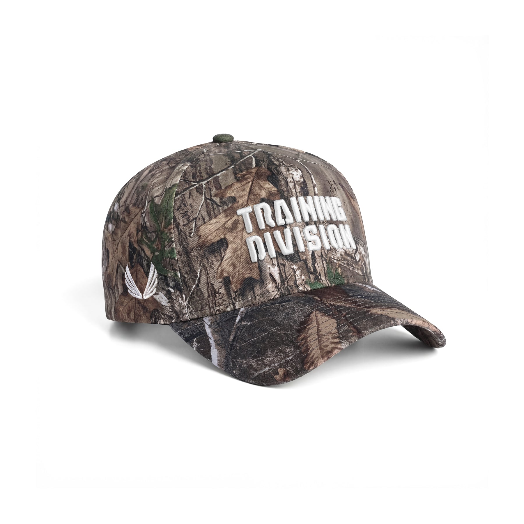 flatlay New Era 9Forty A-Frame Hat in Realtree Camo with white Training Division text, front angle