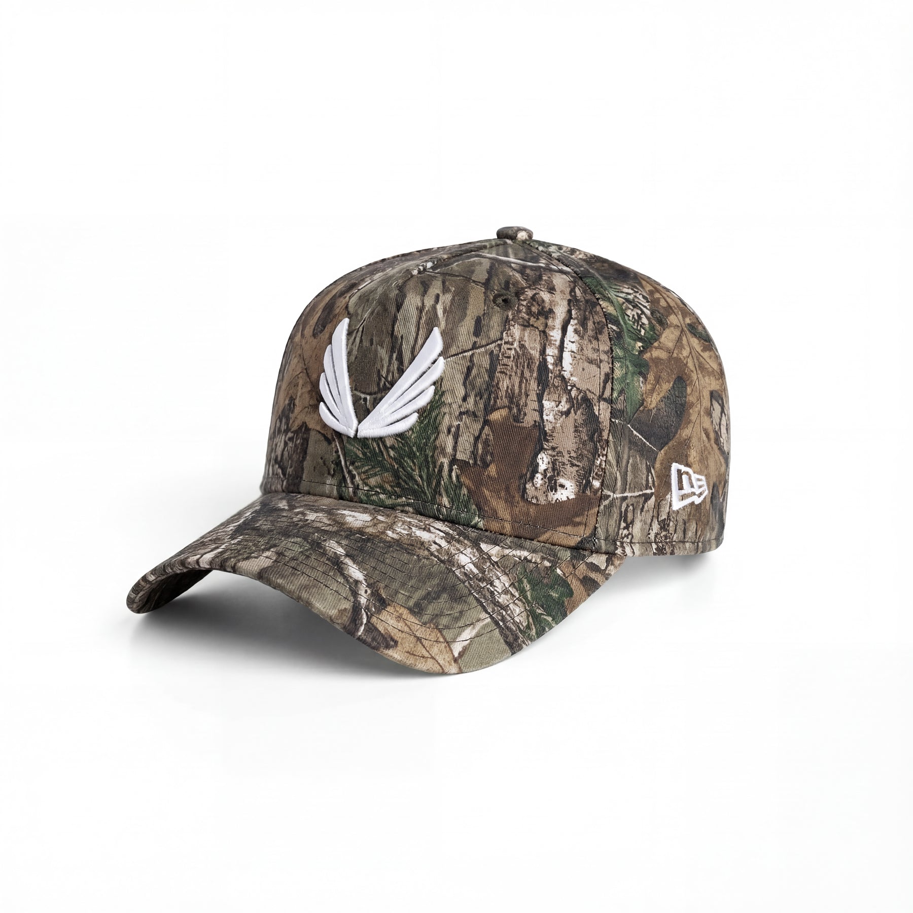 New Era 9Forty A-Frame hat in Realtree camo with white logo, angled view