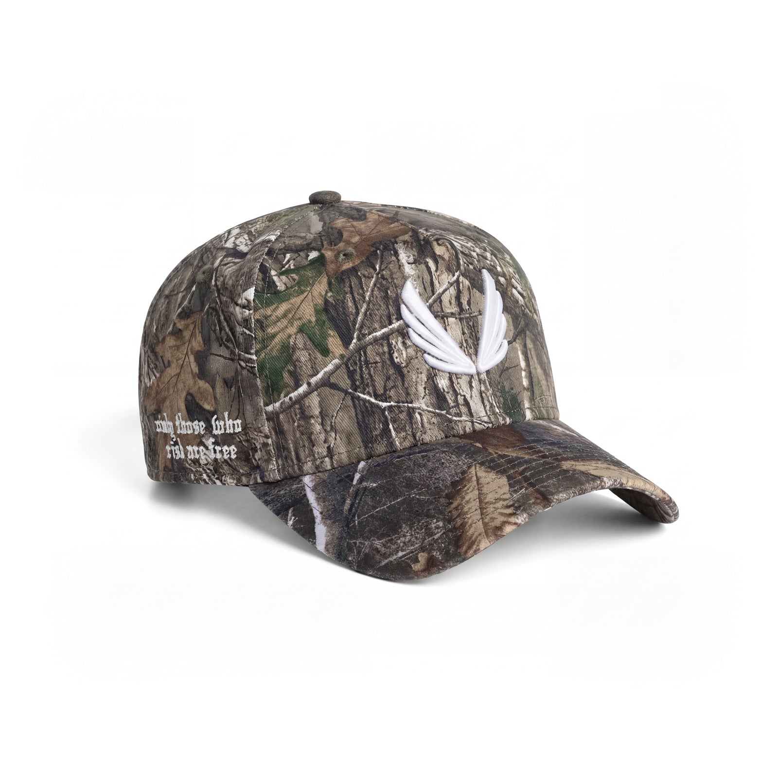 New Era 9Forty A-Frame Hat in Realtree Camo with white logo, angled view