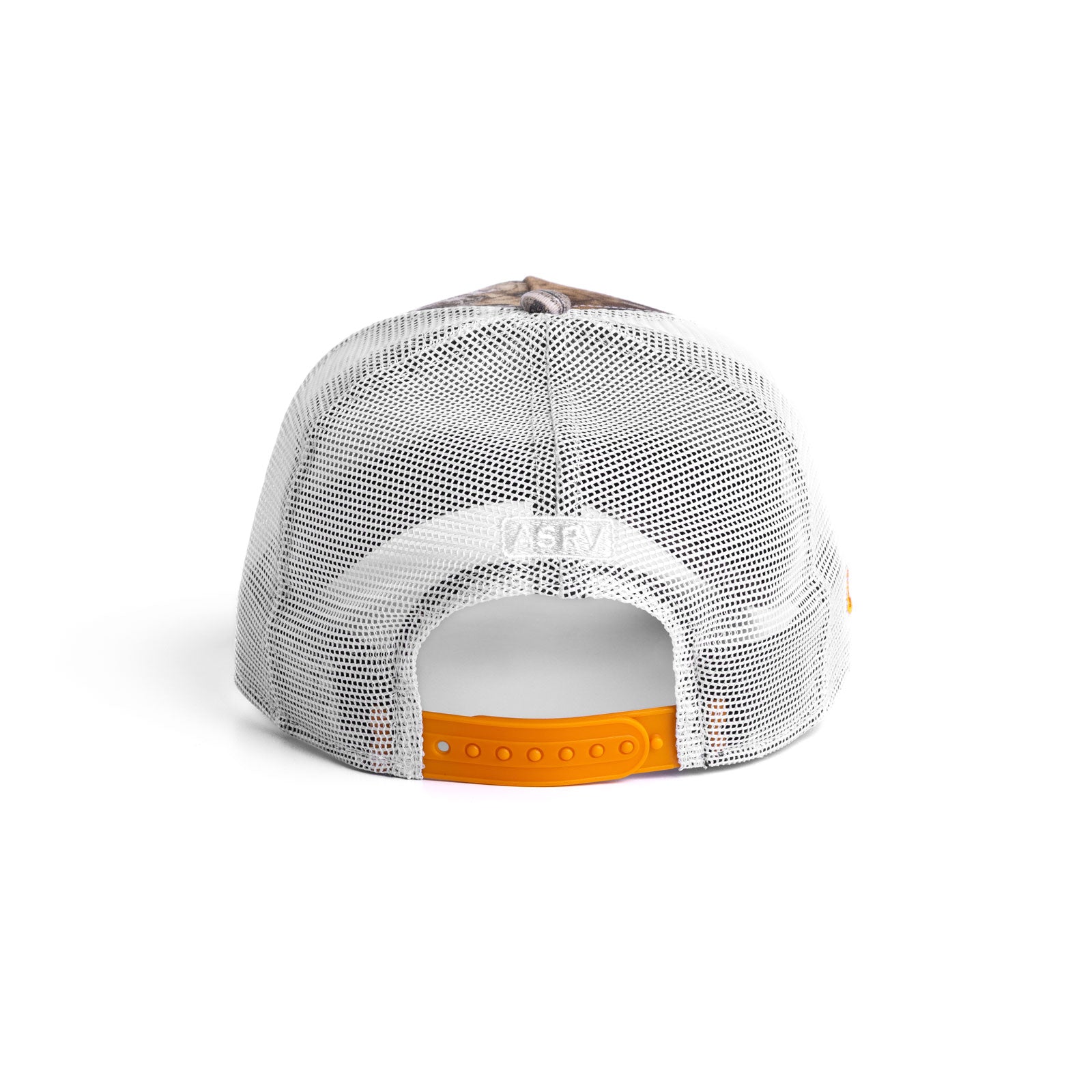 flatlay New Era 9Forty A-Frame Trucker Hat in white and orange, back view