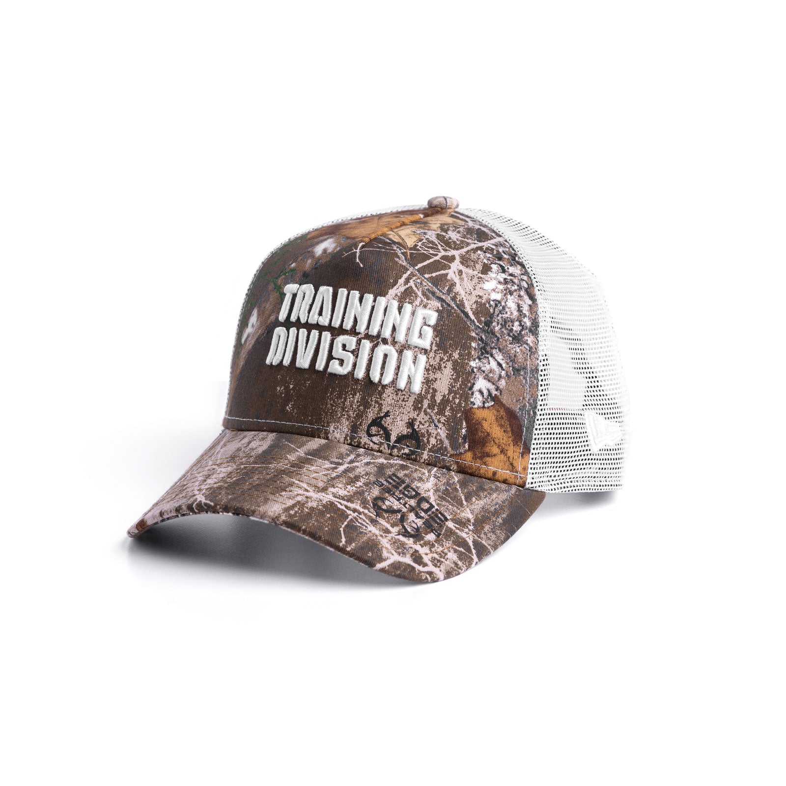 New Era 9Forty A-Frame Trucker Hat in Realtree camo and white, front three-quarter view