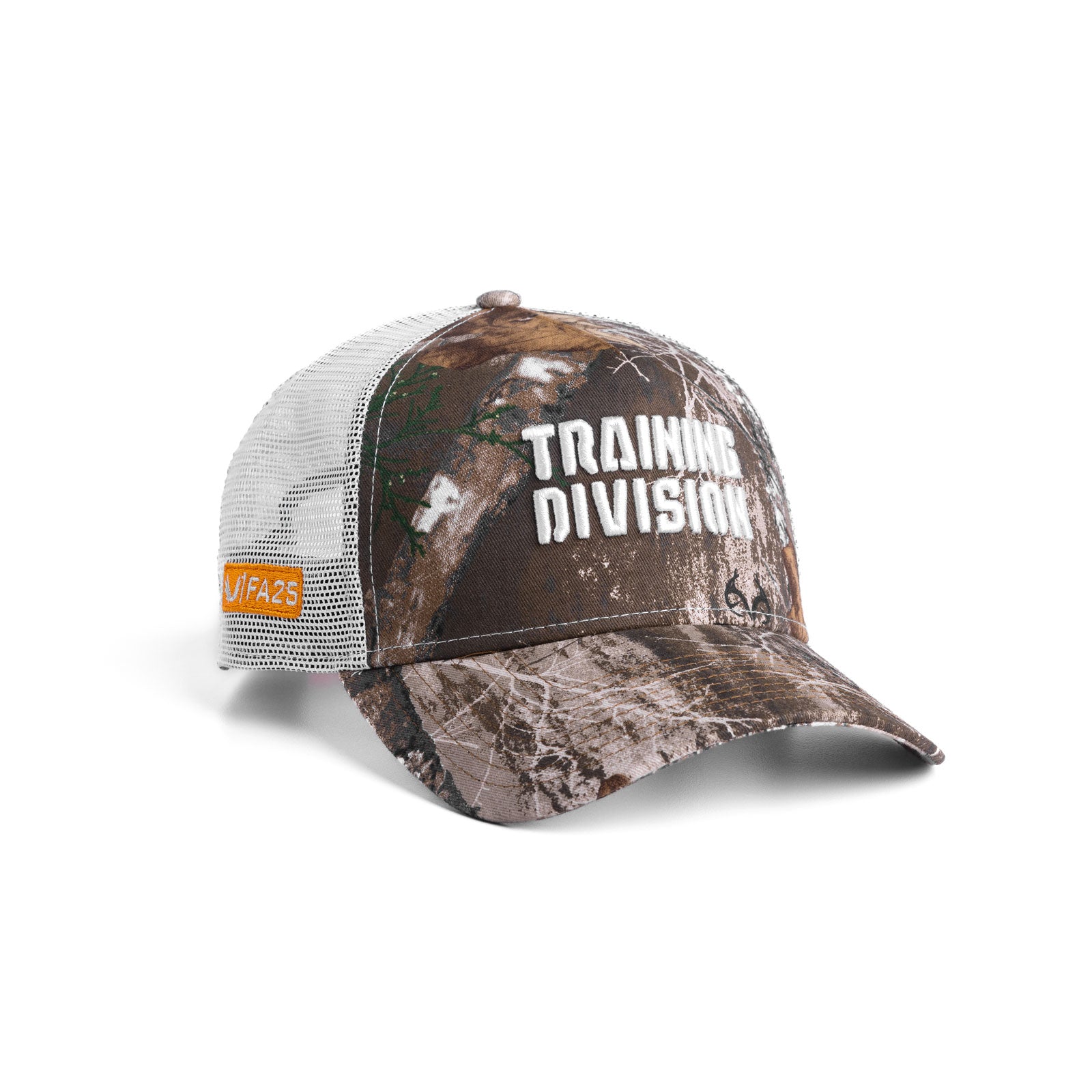 New Era 9Forty A-Frame Trucker Hat in Realtree camo and white with Training Division text, front angle view