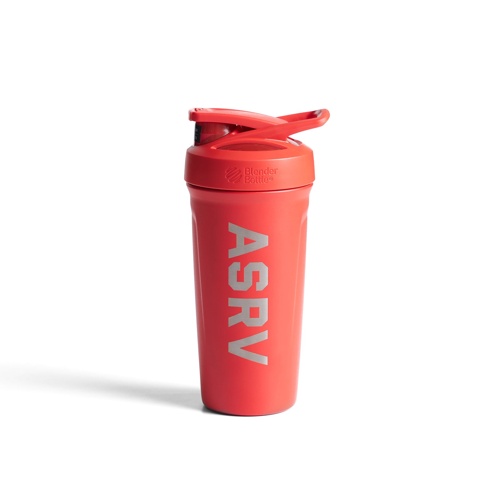 flatlay ASRV x Blender Bottle Strada insulated shaker in red, front view
