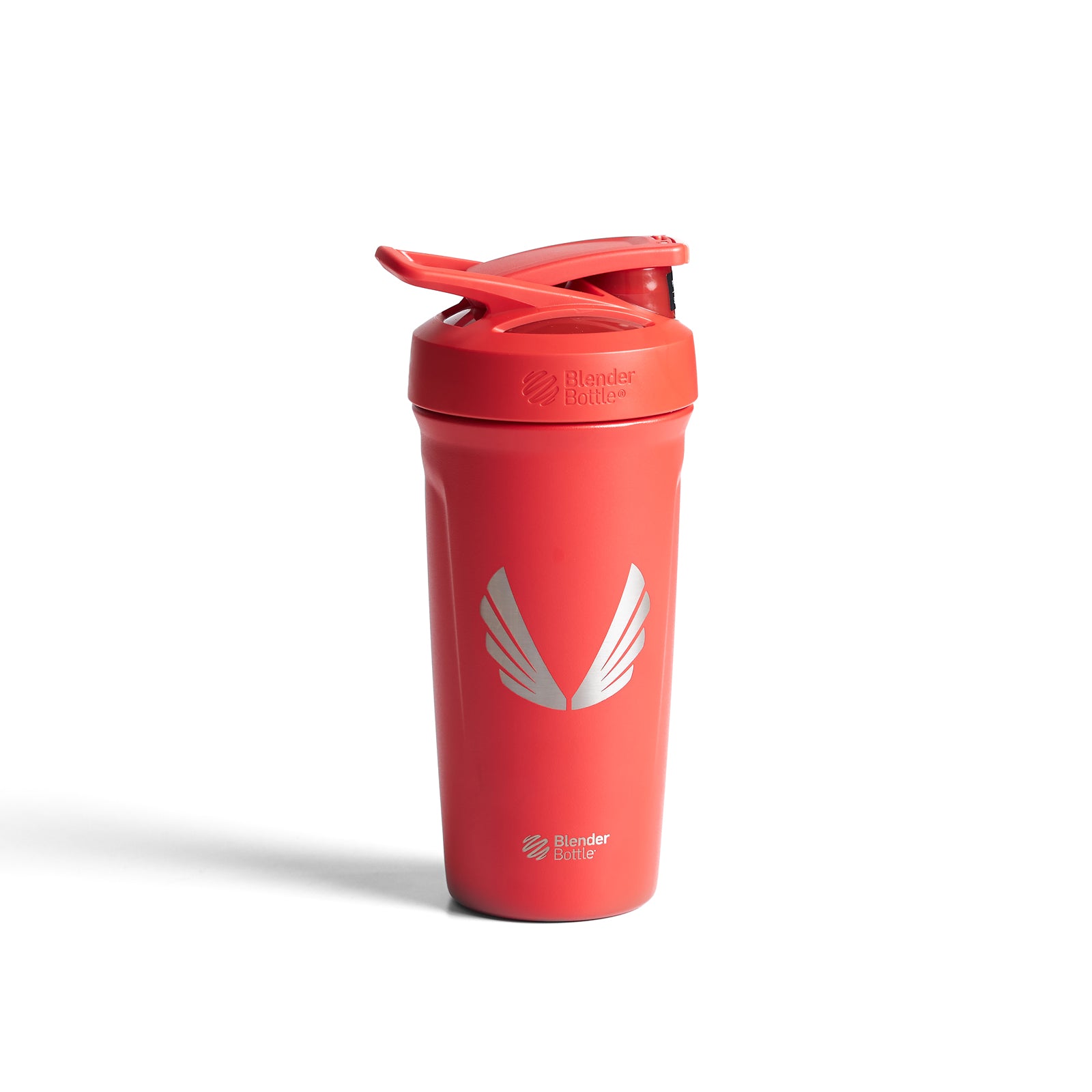 flatlay ASRV x Blender Bottle Strada insulated shaker in red, front view
