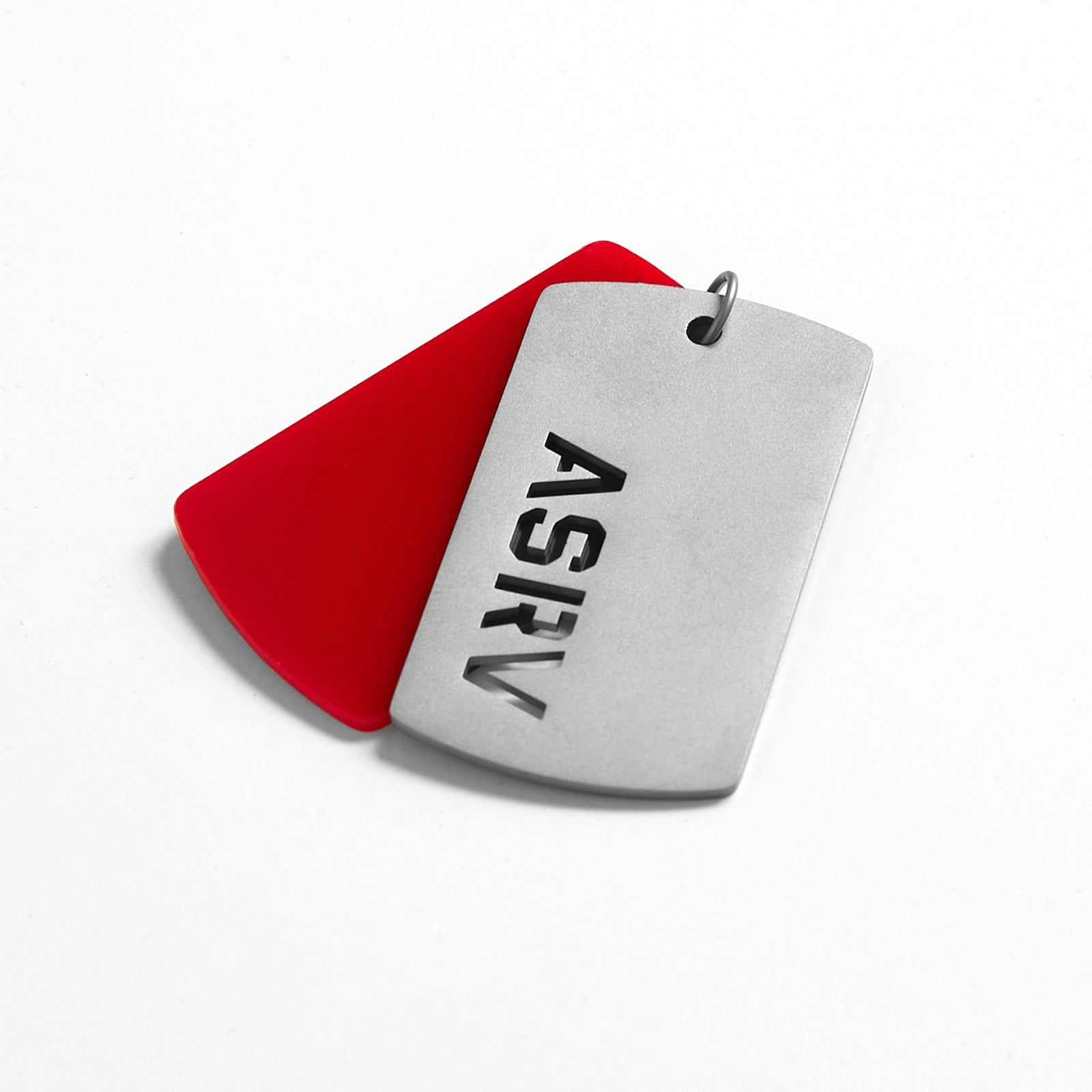 Dogtag Pendant in stainless steel and red, angled view